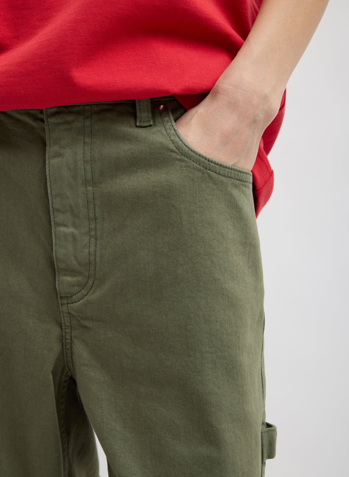 Dark Green Garment Wash Stretch Twill Slouchy Carpenter Jean - closeup of front pocket detail