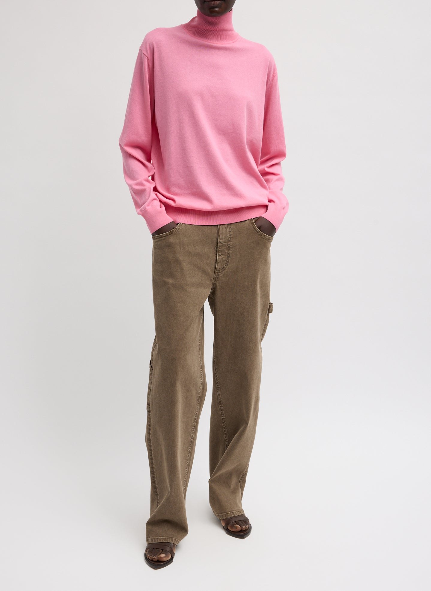 Brown Garment Wash Stretch Twill Slouchy Carpenter Jean - full look, front view on model