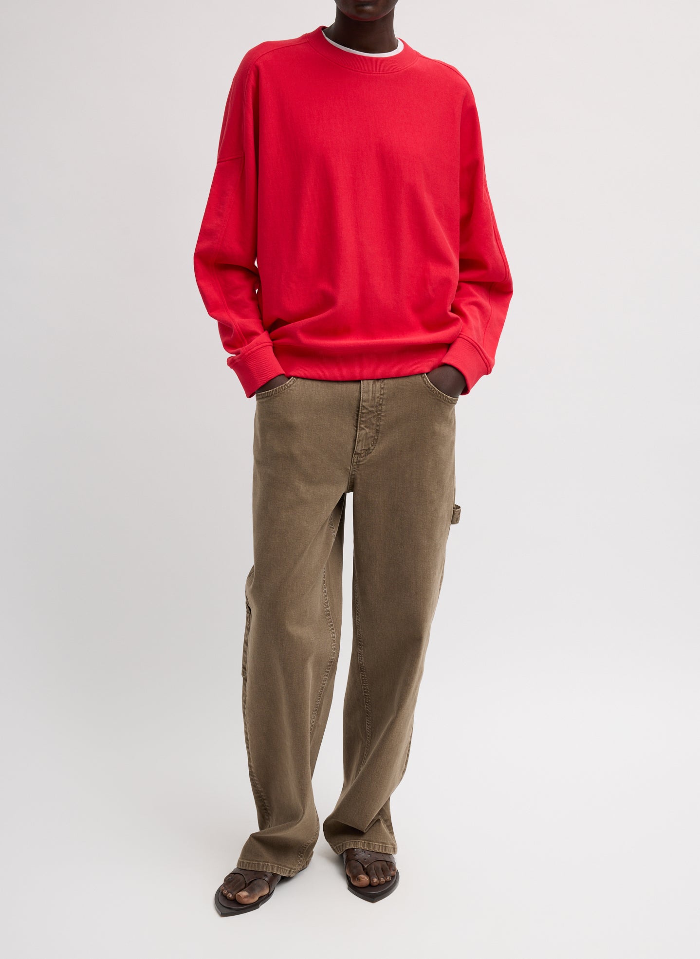 Brown Garment Wash Stretch Twill Slouchy Carpenter Jean - full look, front view on model