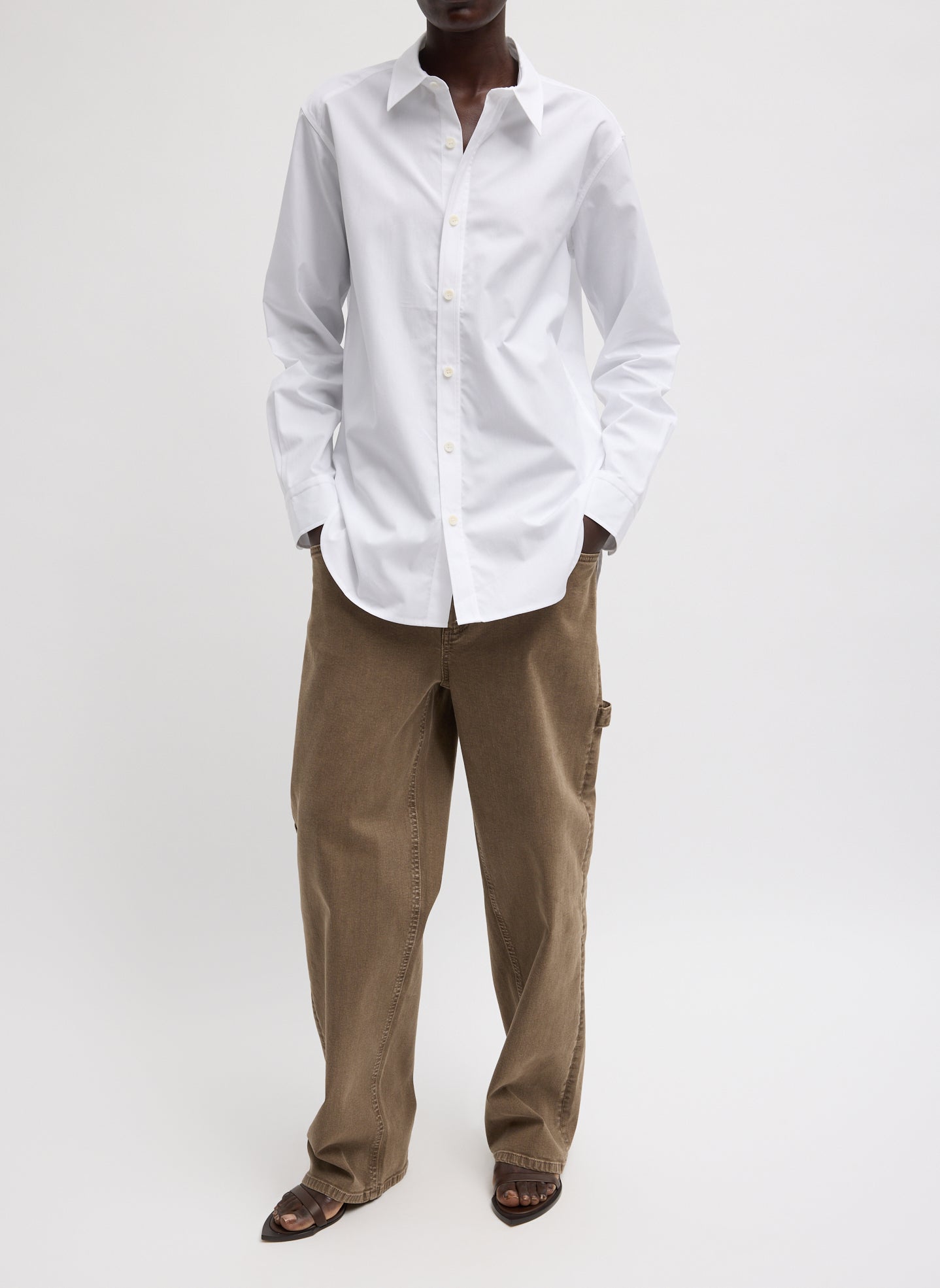Brown Garment Wash Stretch Twill Slouchy Carpenter Jean - full look, front view on model