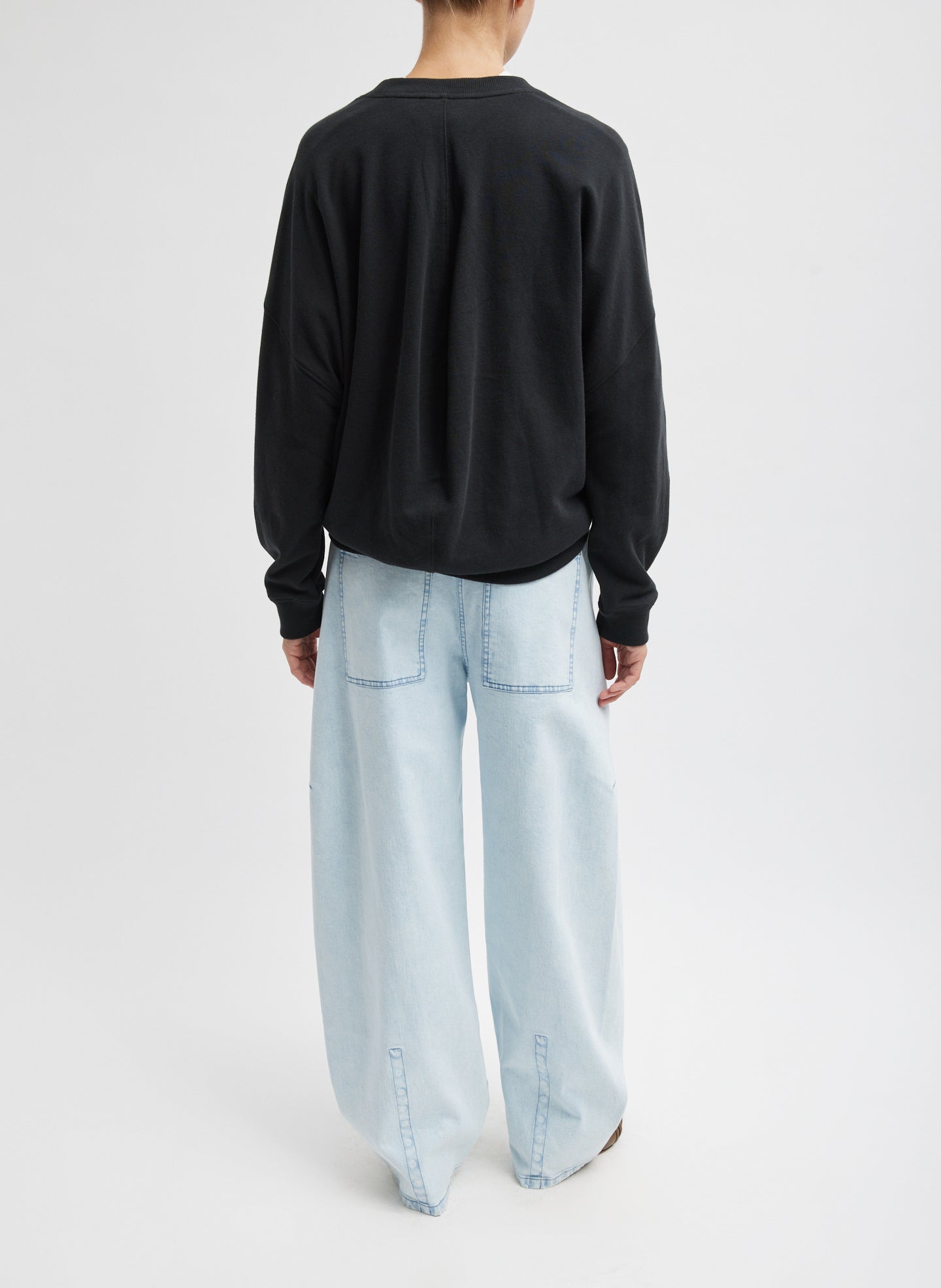 Bleached Denim Light Wash Sid Jean - barrel leg, back view on model