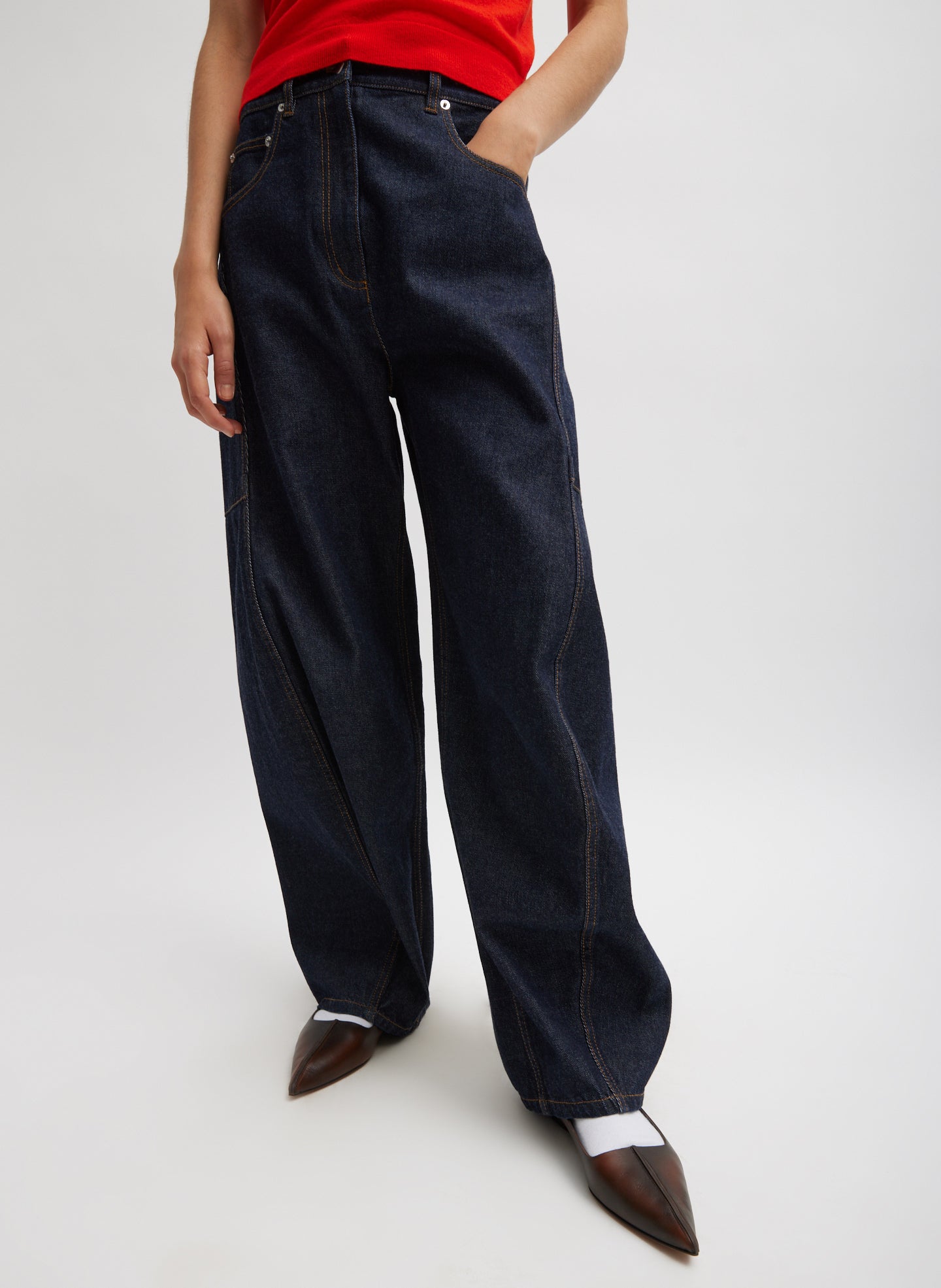 Indigo Denim Dark Wash Sid Jean - barrel leg, front view on model