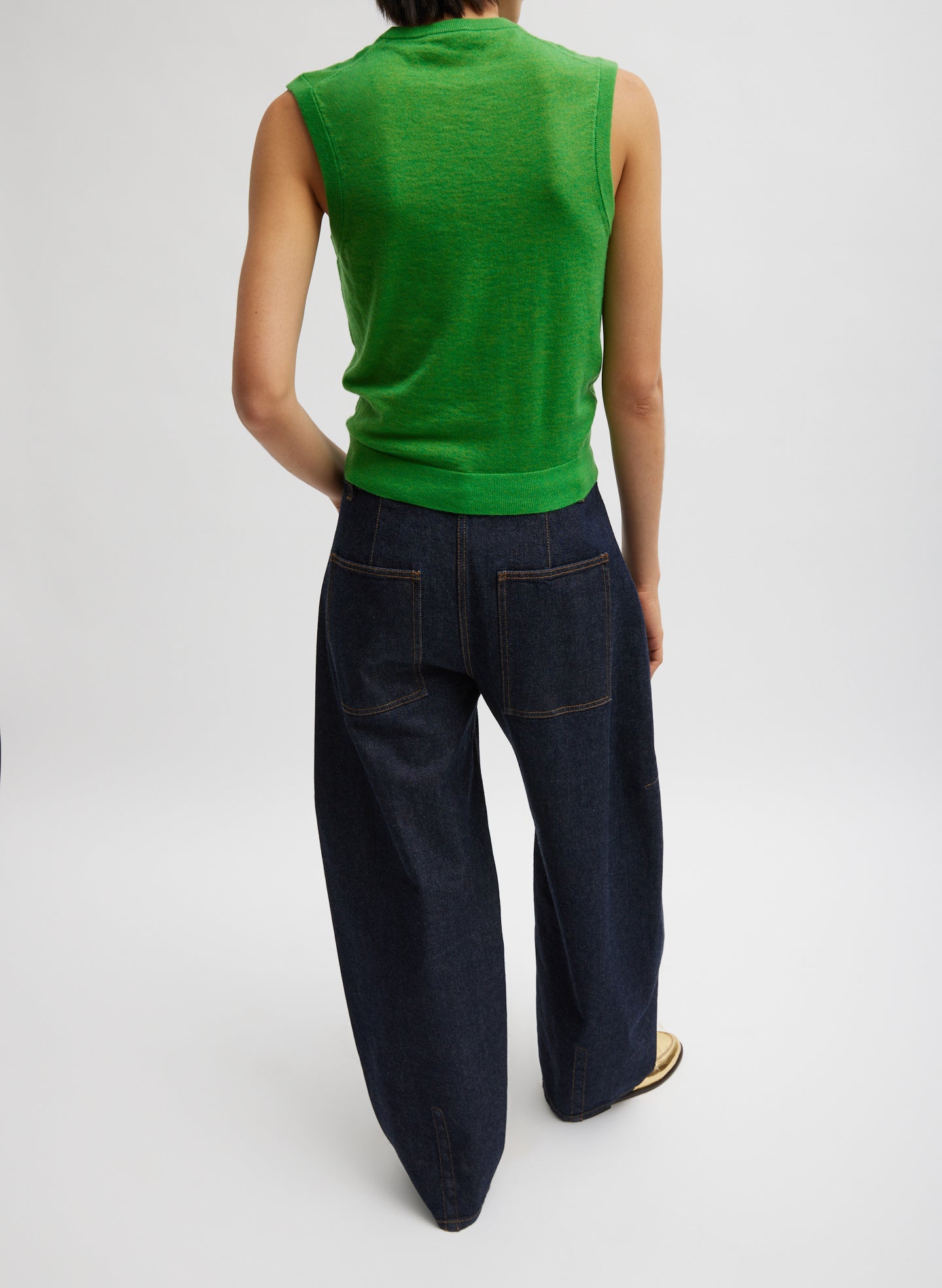 Indigo Denim Dark Wash Sid Jean - barrel leg, back view on model