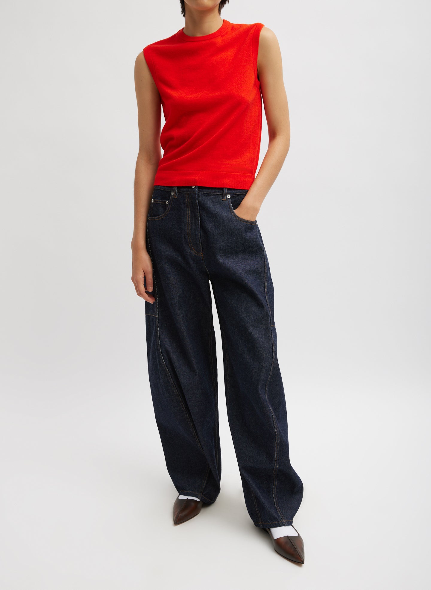 Indigo Denim Dark Wash Sid Jean - barrel leg, front view on model