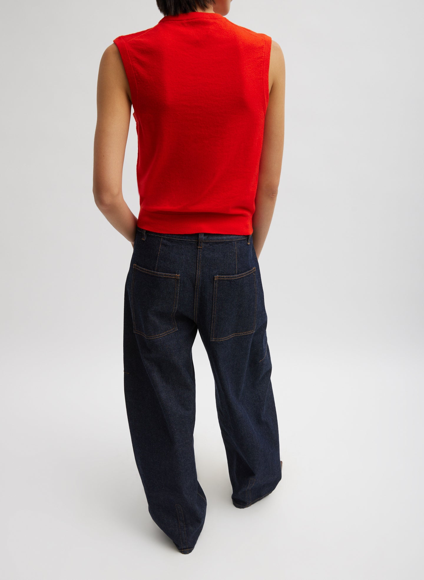 Indigo Denim Dark Wash Sid Jean - barrel leg, back view on model