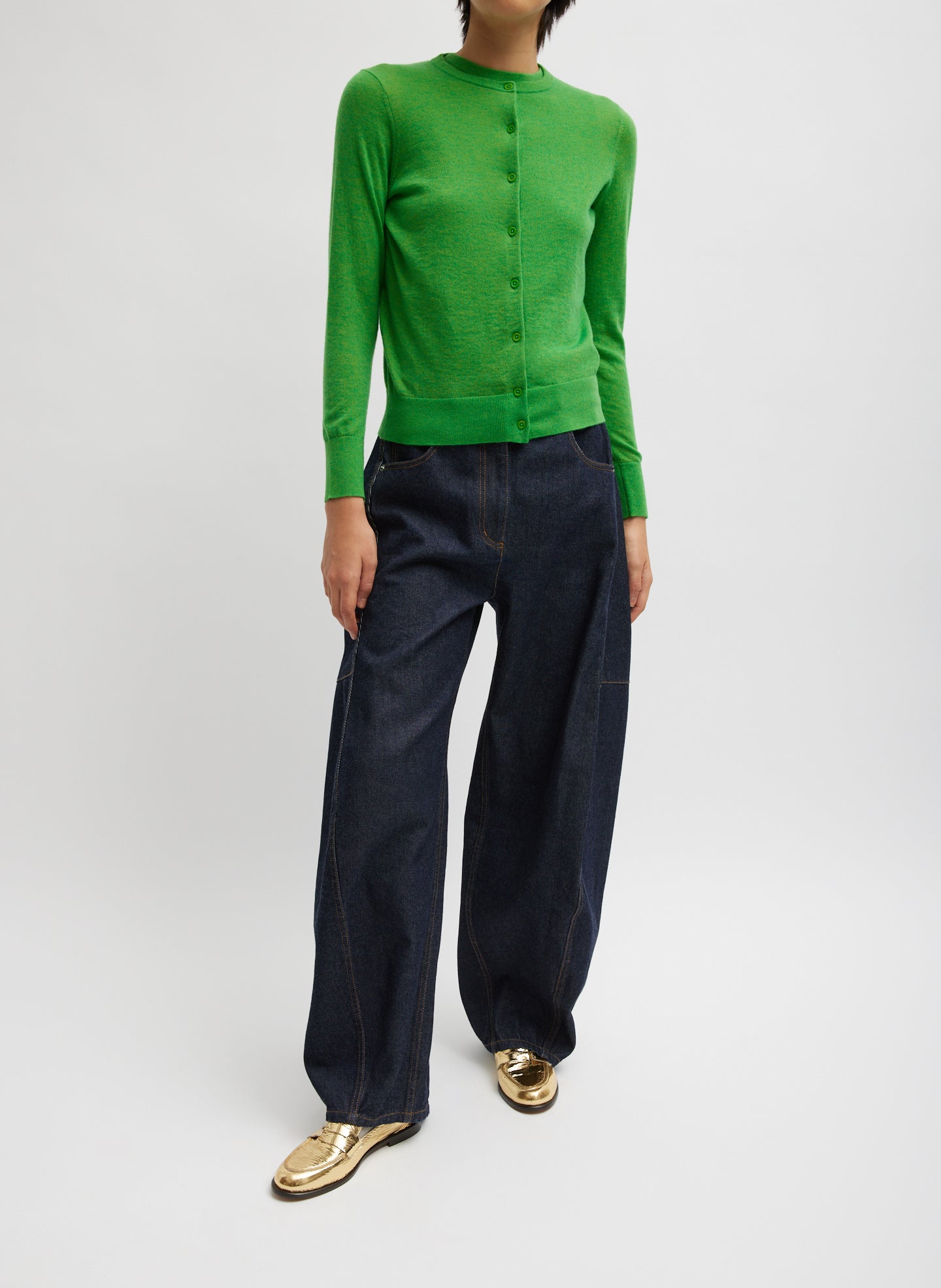 Indigo Denim Dark Wash Sid Jean - barrel leg, front view on model