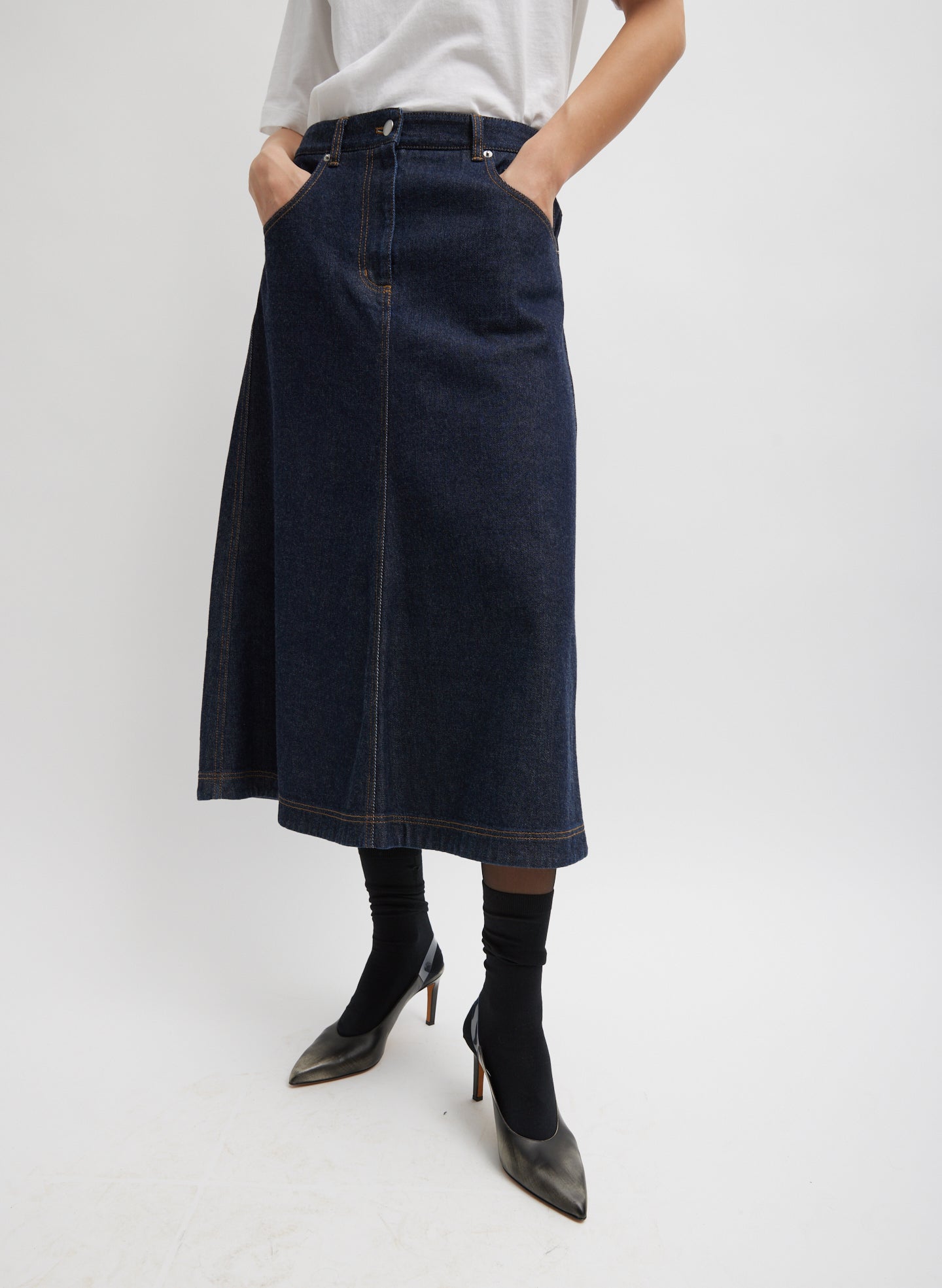 Indigo Denim Midi A-Line Skirt - dark wash, front view on model