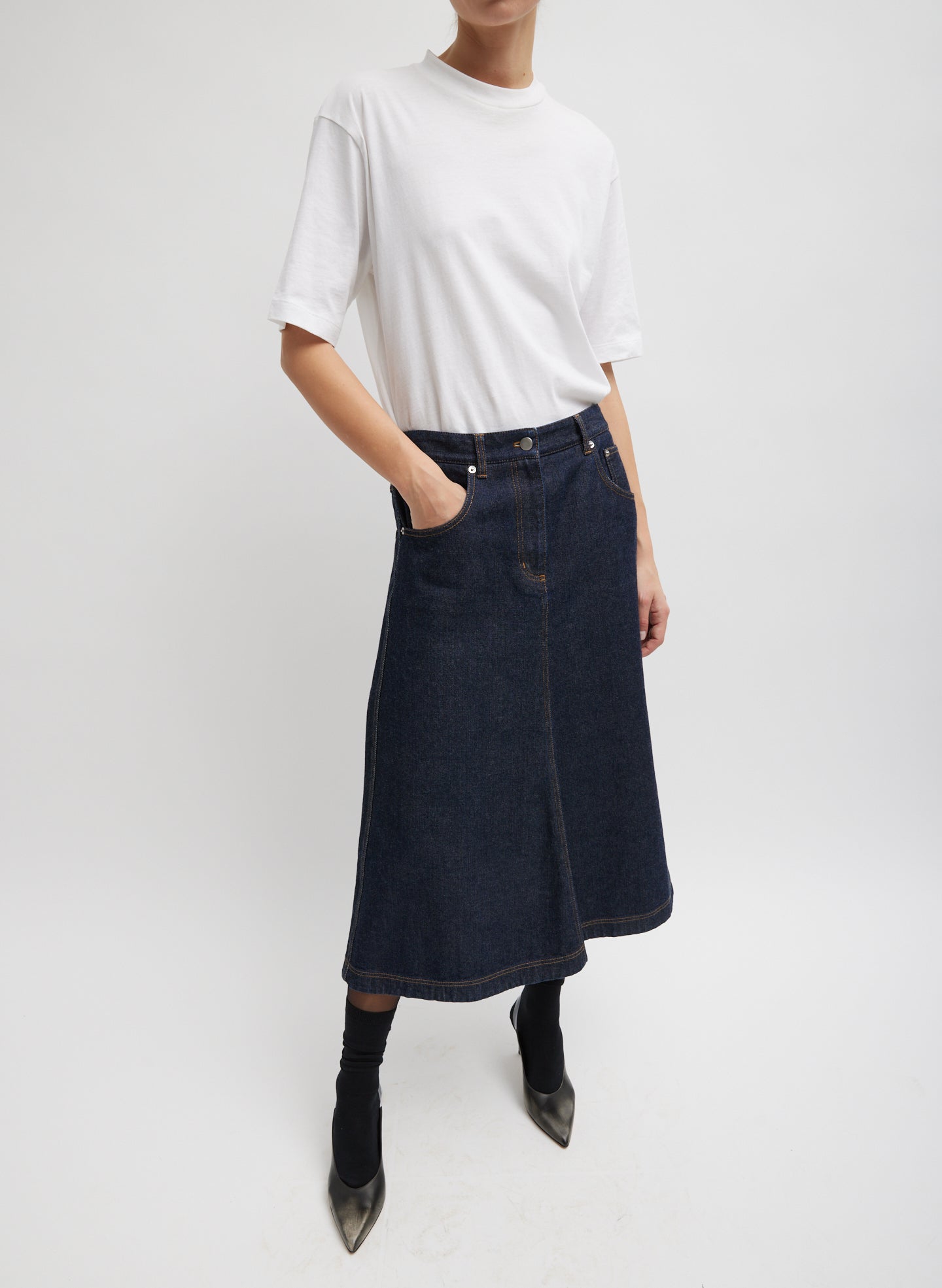 Indigo Denim Midi A-Line Skirt - dark wash, front view on model