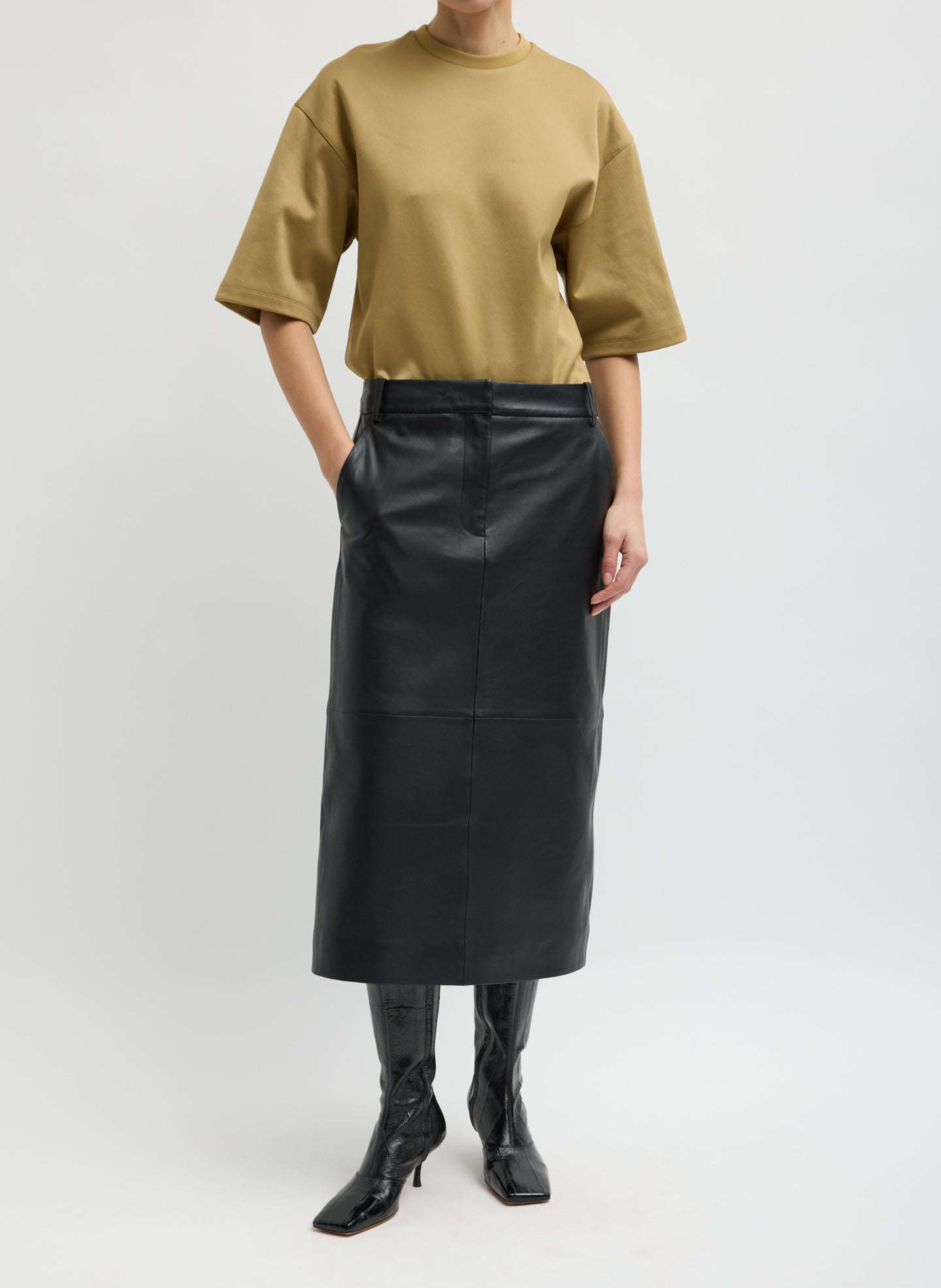 Black Leather Midi Trouser Skirt - front view on model