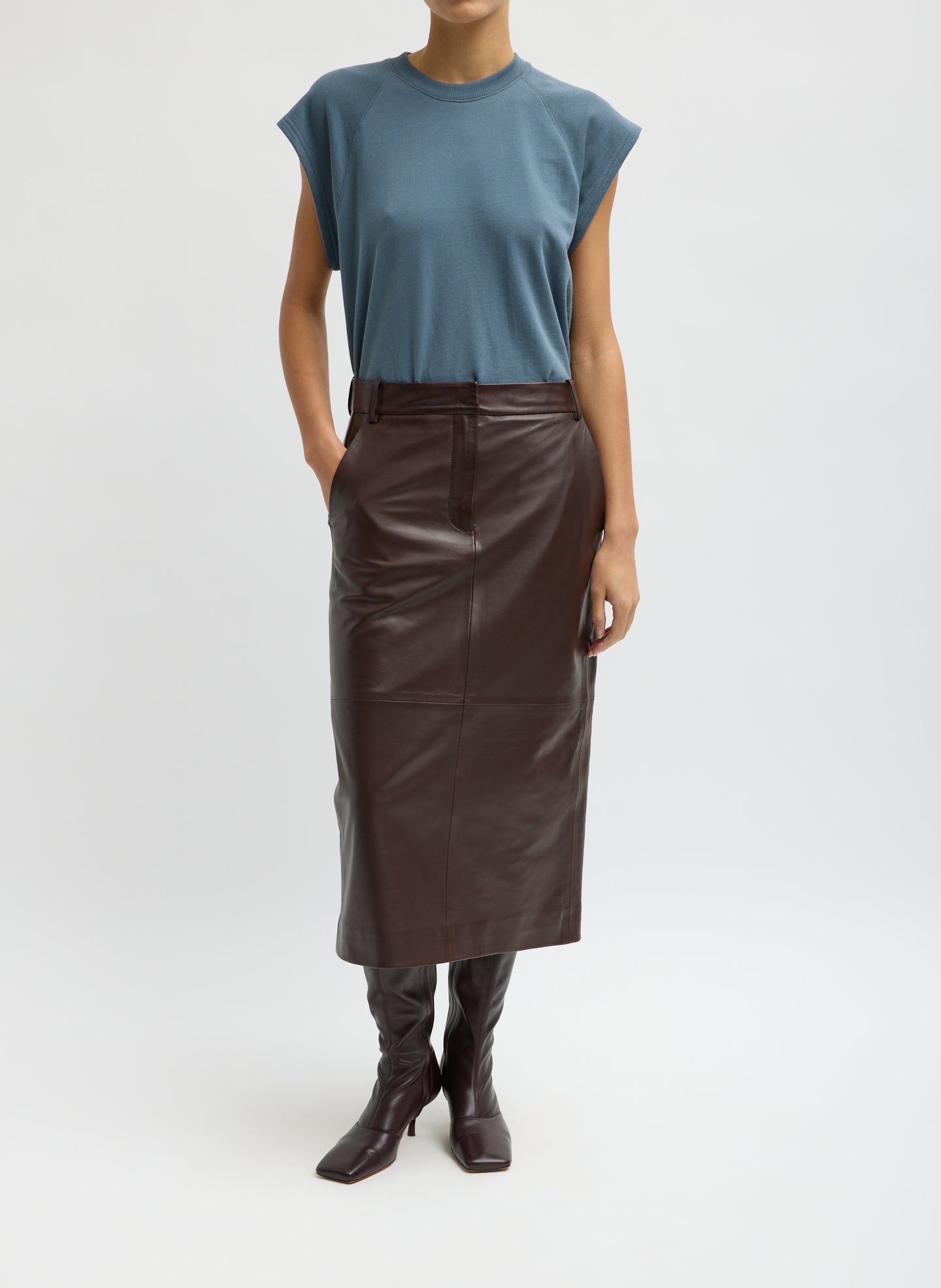 Brown Leather Midi Trouser Skirt - front view on model