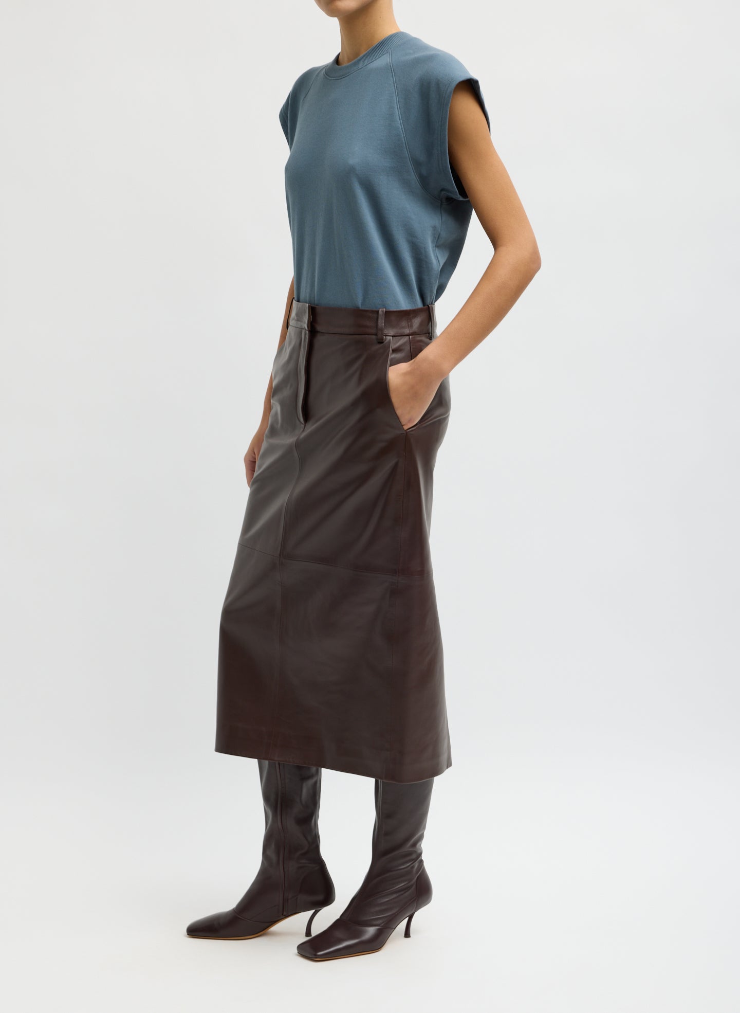 Brown Leather Midi Trouser Skirt - side view on model