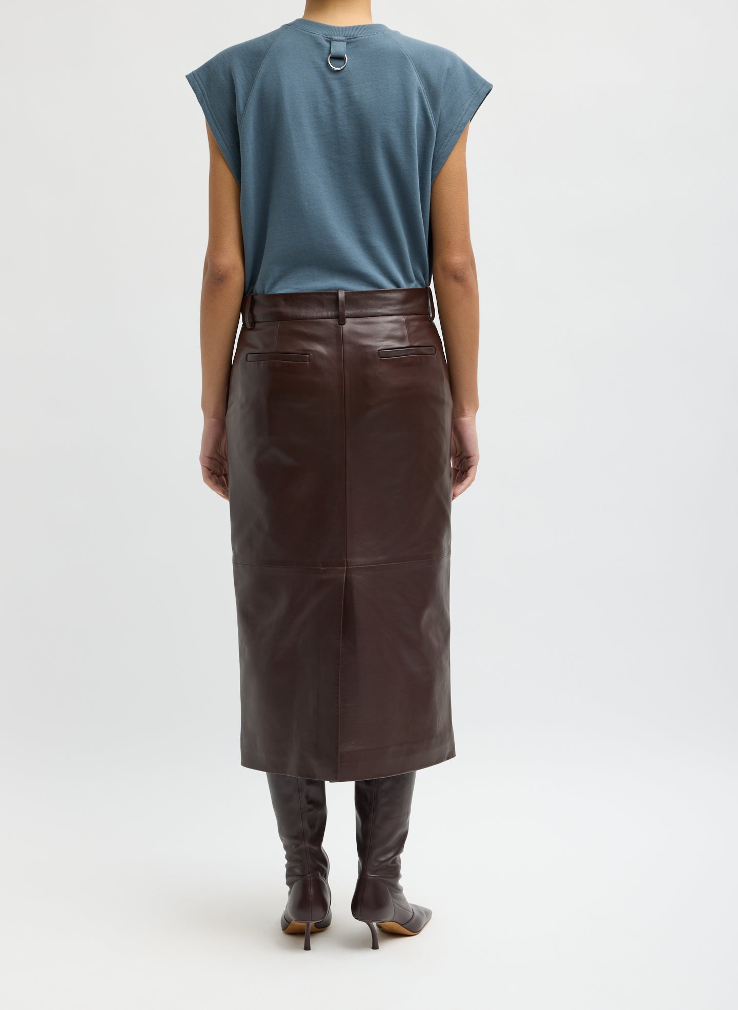 Brown Leather Midi Trouser Skirt - back view on model