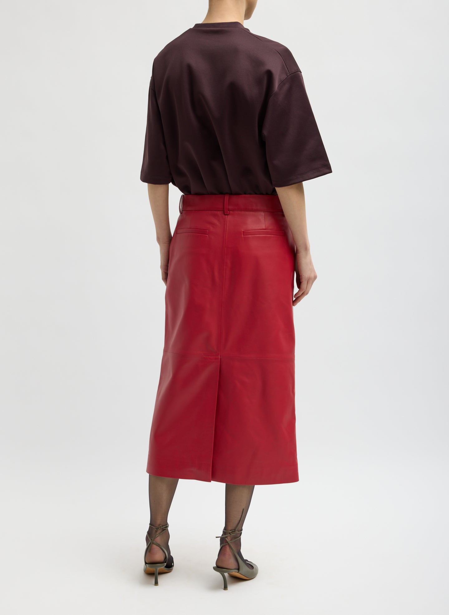 Red Leather Midi Trouser Skirt - back view on model