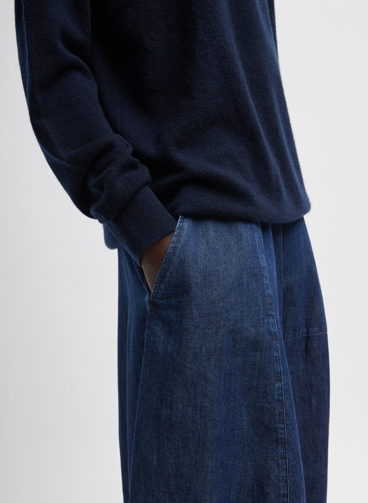 Light Weight Indigo Denim Asymmetrical Balloon Skirt - closeup of side pocket detail