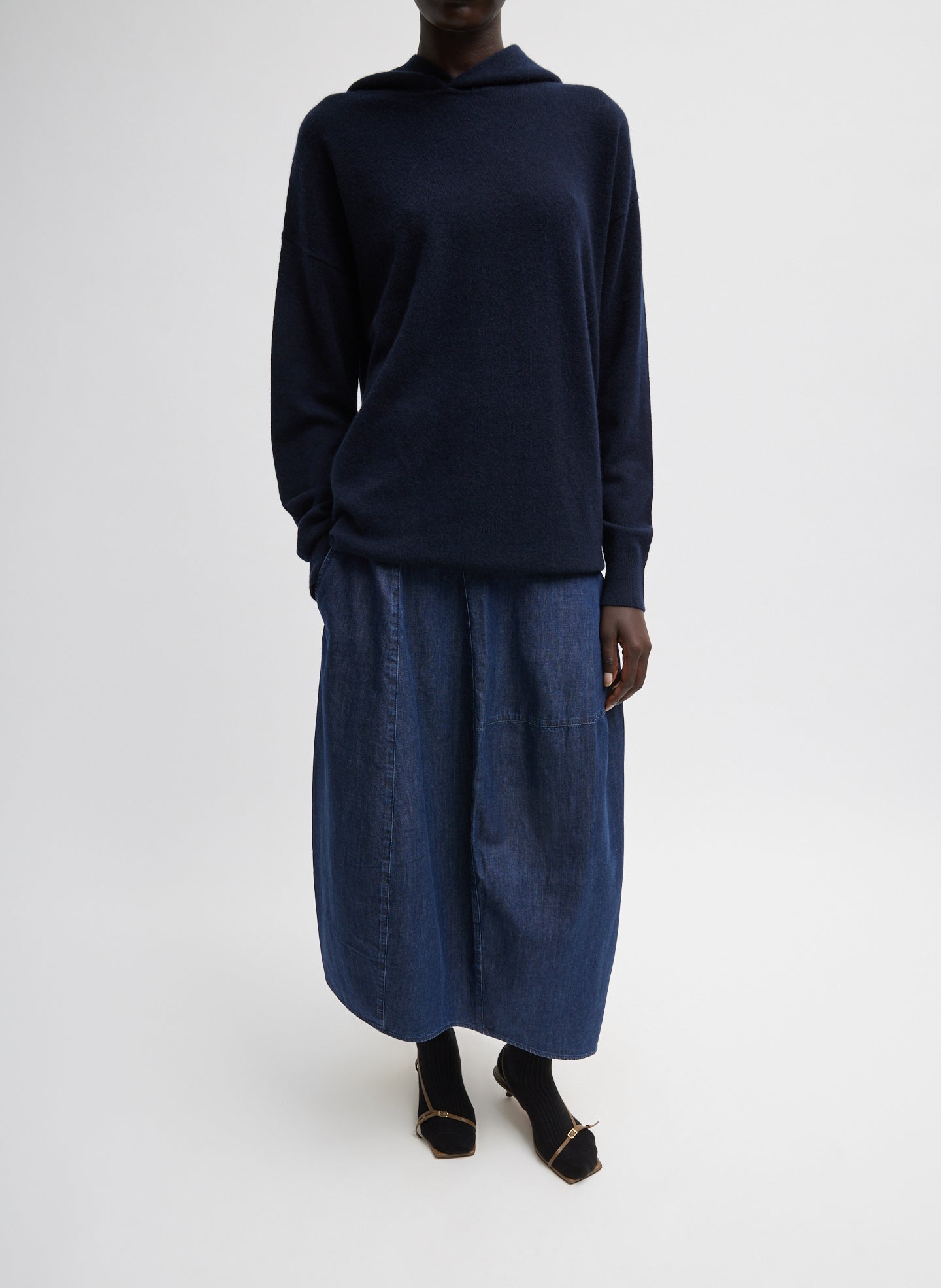 Light Weight Indigo Denim Asymmetrical Balloon Skirt - front view, full look on model