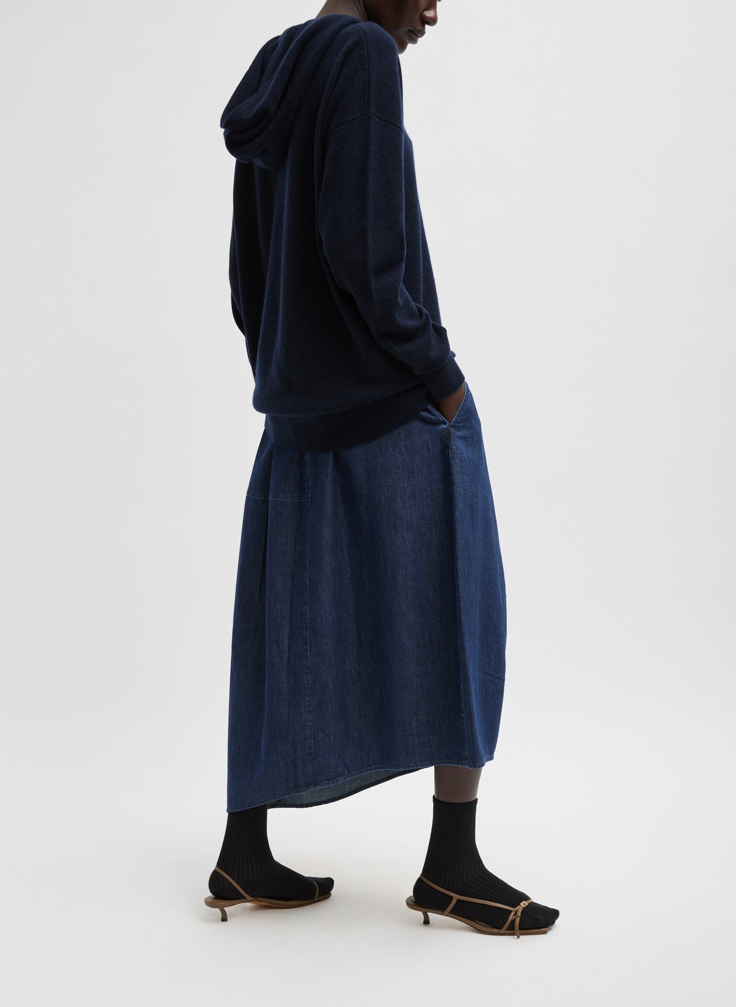 Light Weight Indigo Denim Asymmetrical Balloon Skirt - full look, side view on model