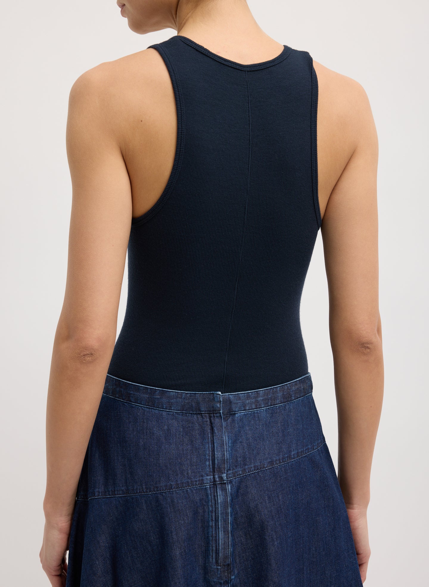 Light Weight Indigo Denim Asymmetrical Balloon Skirt - closeup of waistband