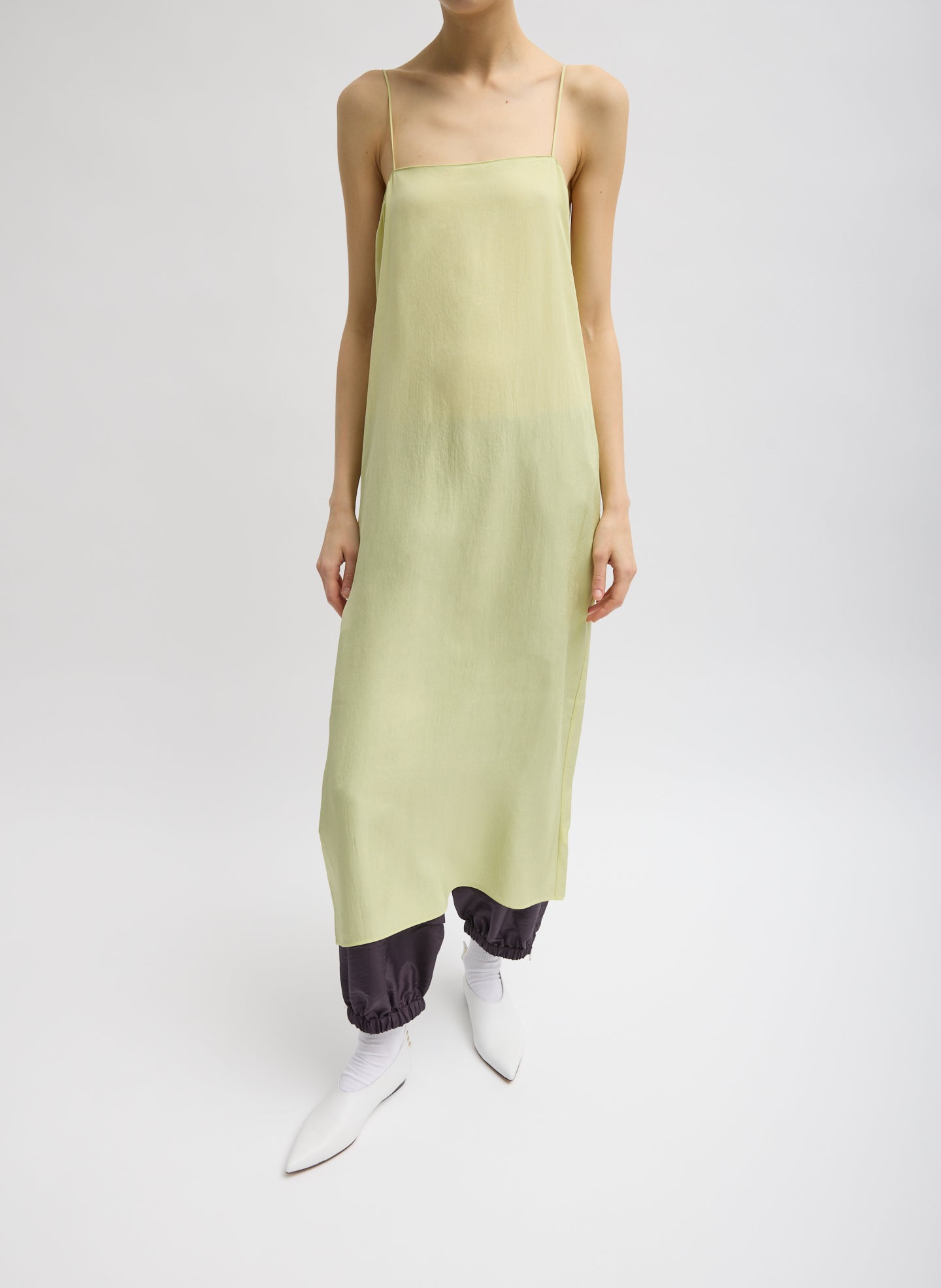Celery Green Slip Dress - front view on model