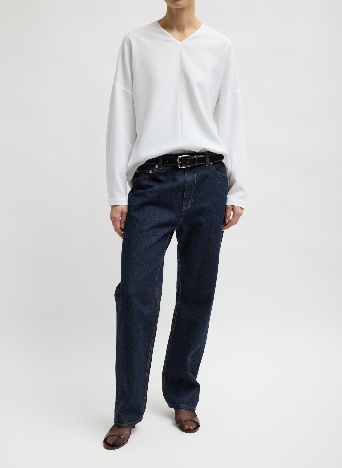 White Mica Crepe V-Neck Top - full look, front view on model