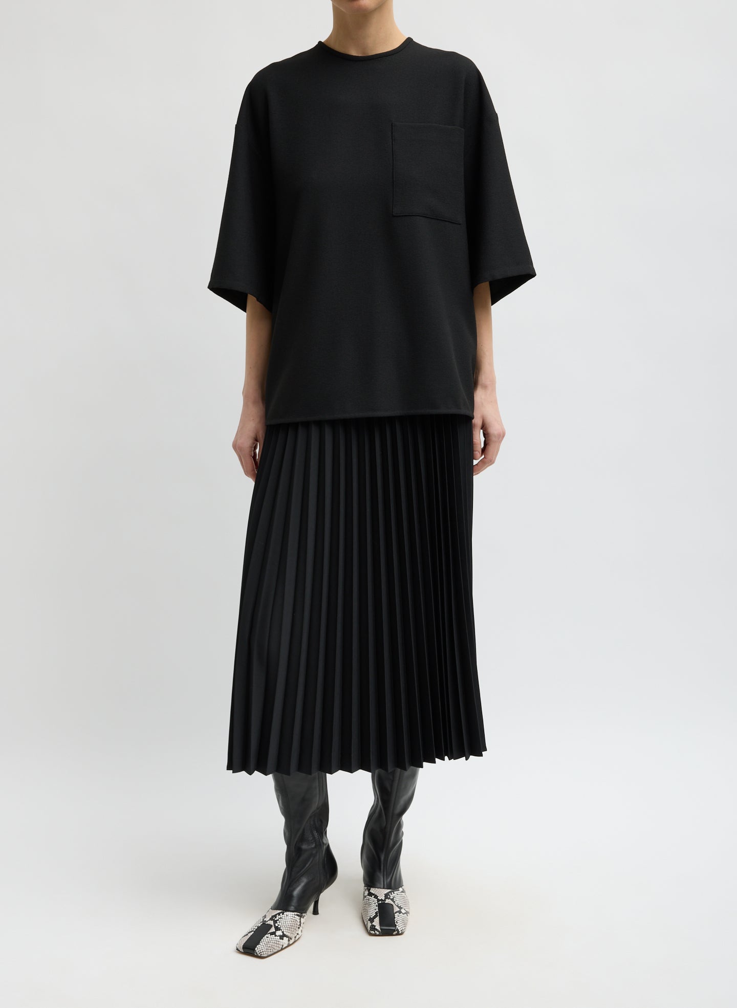 Black Mica Crepe Easy T-Shirt - full look, front view on model