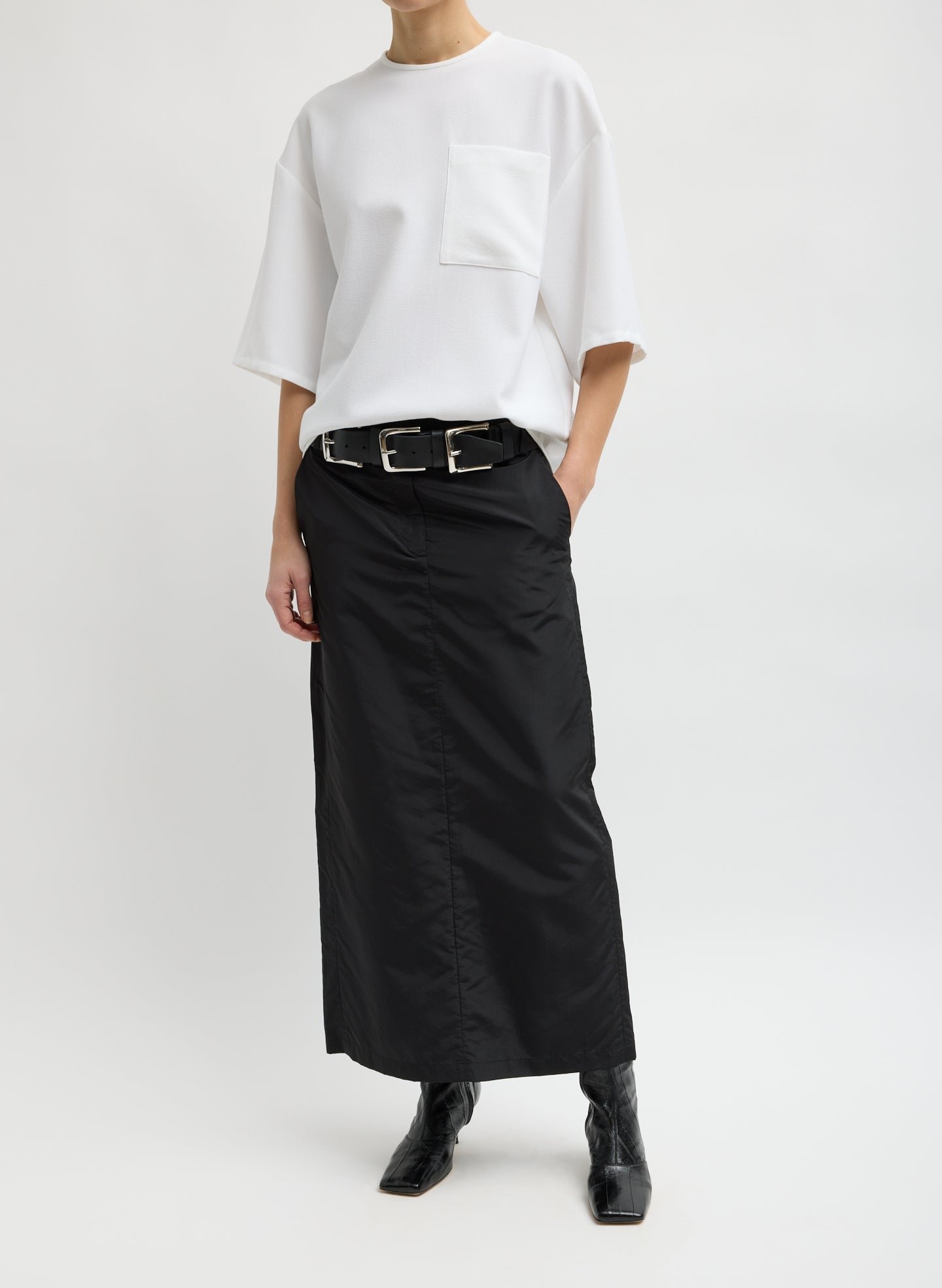 Black Crispy Nylon Maxi Skirt - trouser skirt, front view on model