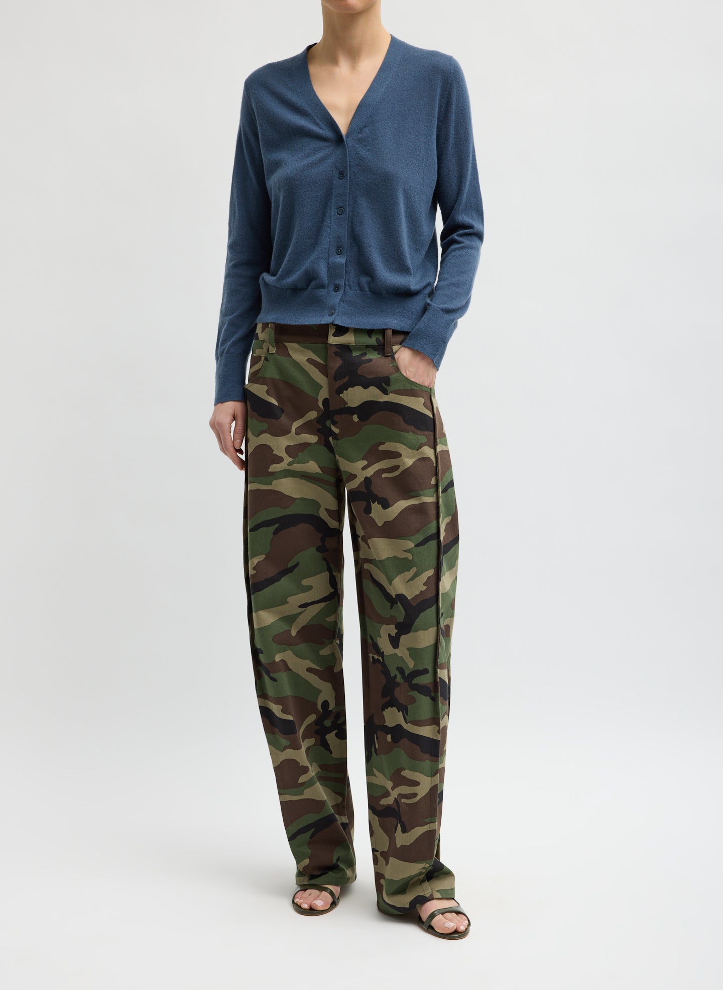 Army Green Camouflage Twill Tuck Jean - barrel leg, front view on model