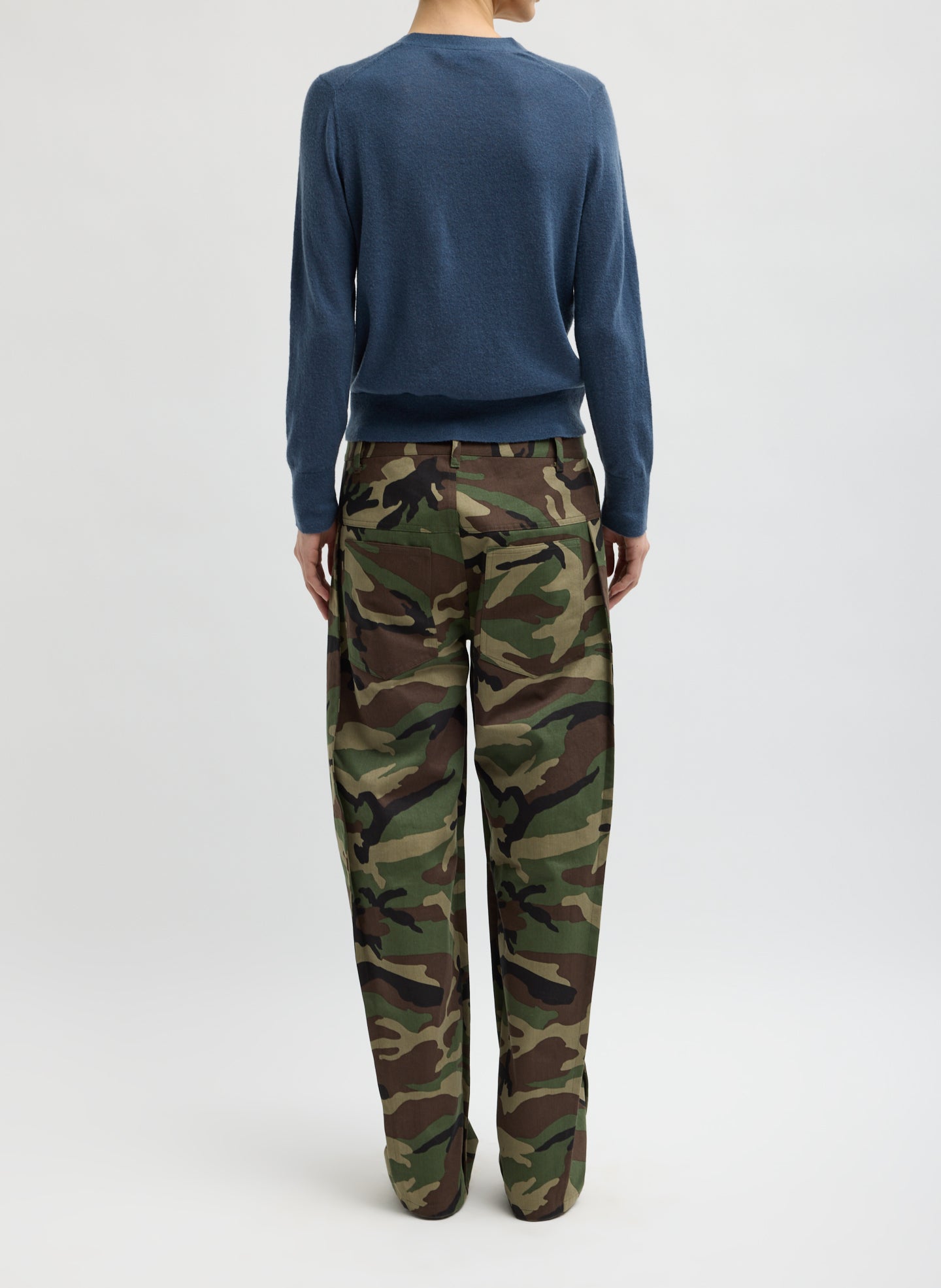 Army Green Camouflage Twill Tuck Jean - barrel leg, back view on model