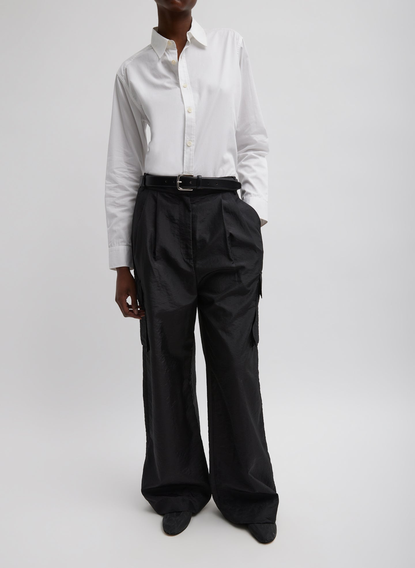 Black Stella Crispy Nylon Pleated Cargo Pant - full look, front view on model