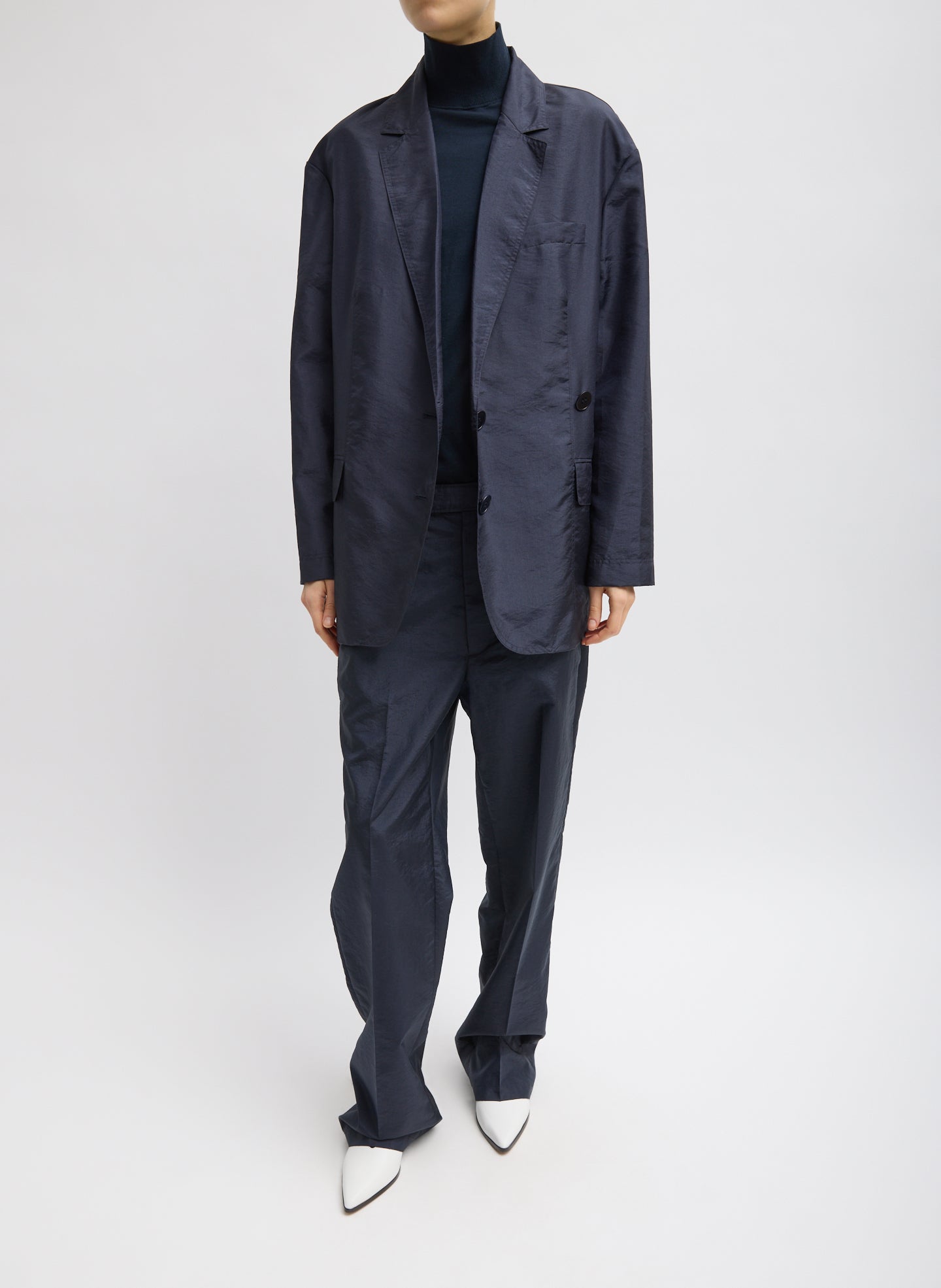 Navy Crispy Nylon Rodney Trouser - full look, front view on model
