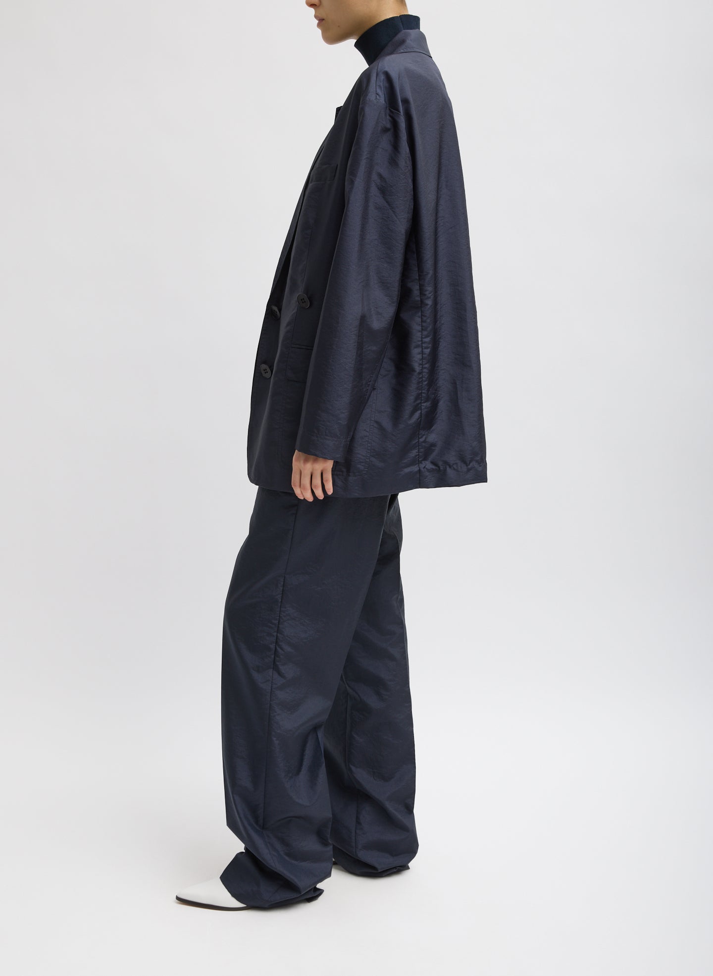 Navy Crispy Nylon Rodney Trouser - full look, side view on model