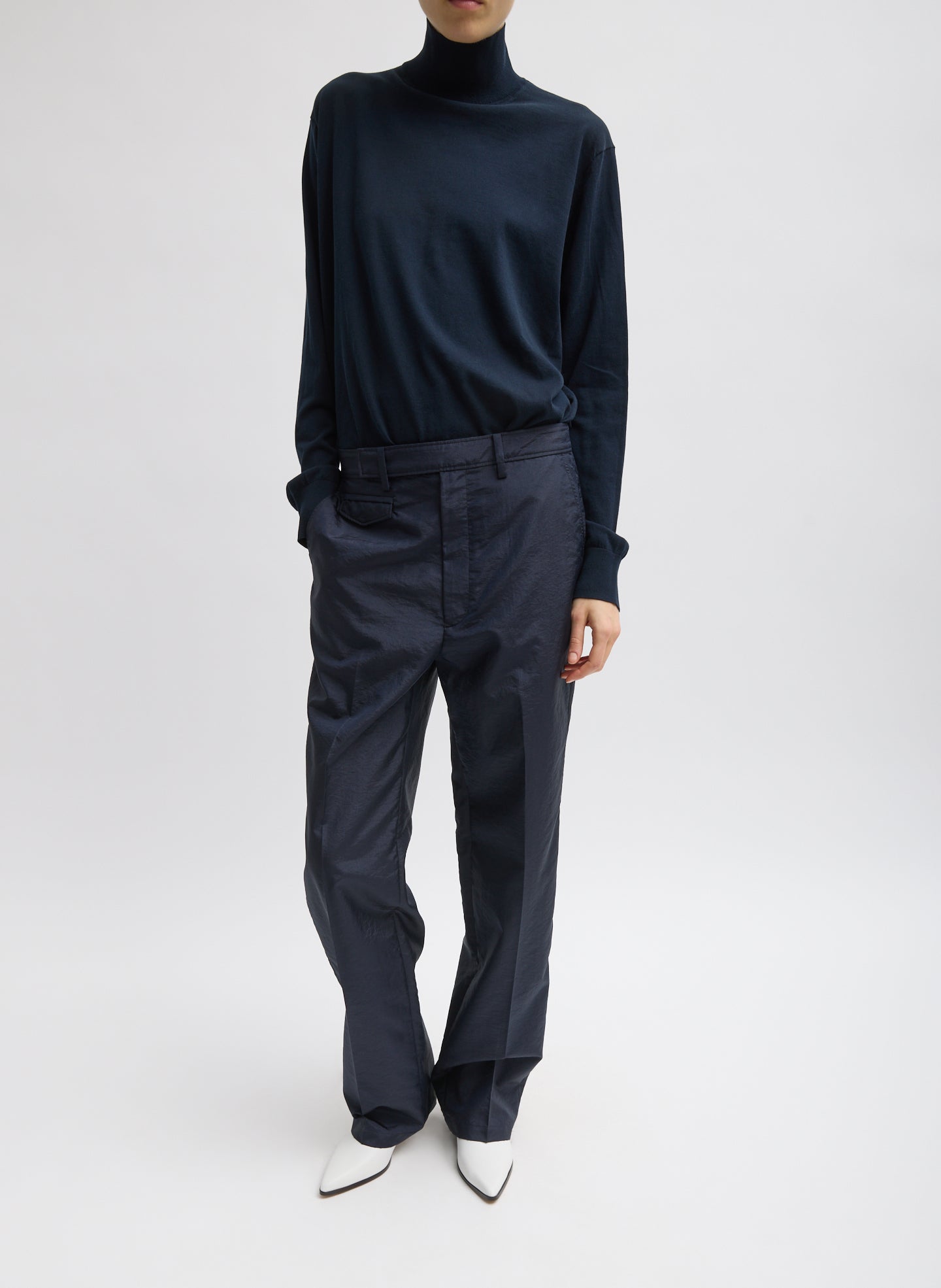 Navy Crispy Nylon Rodney Trouser - full look, front view on model