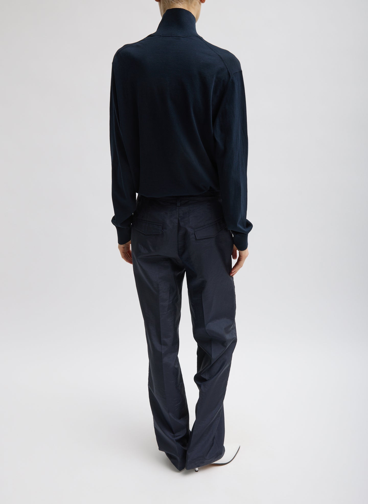 Navy Crispy Nylon Rodney Trouser - full look, back view on model