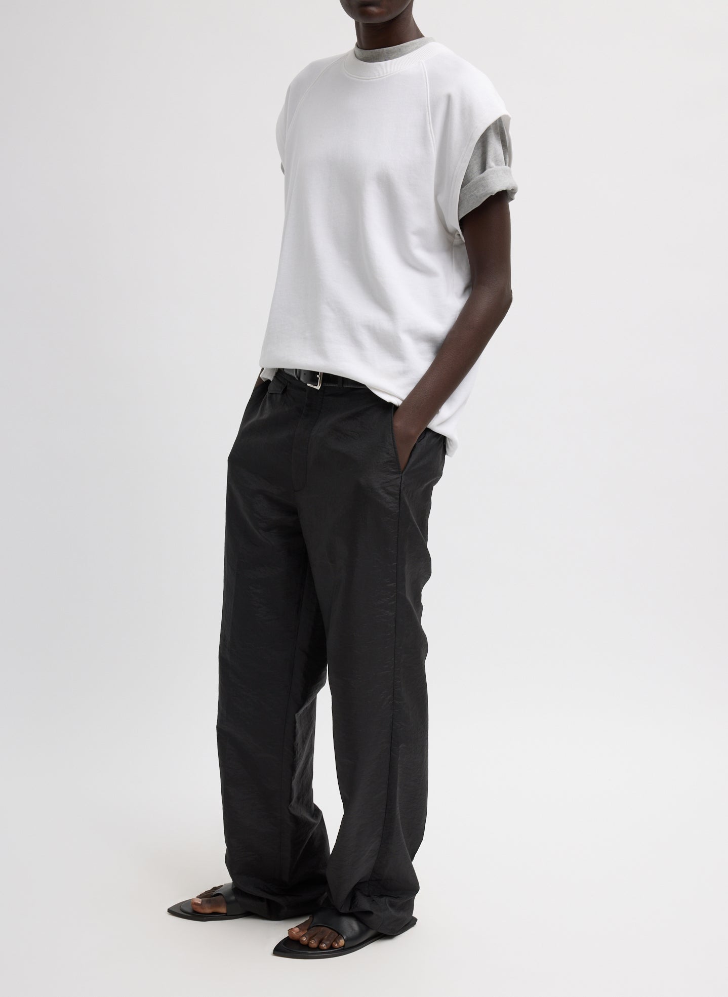 Black Crispy Nylon Rodney Trouser - full look, side view on model