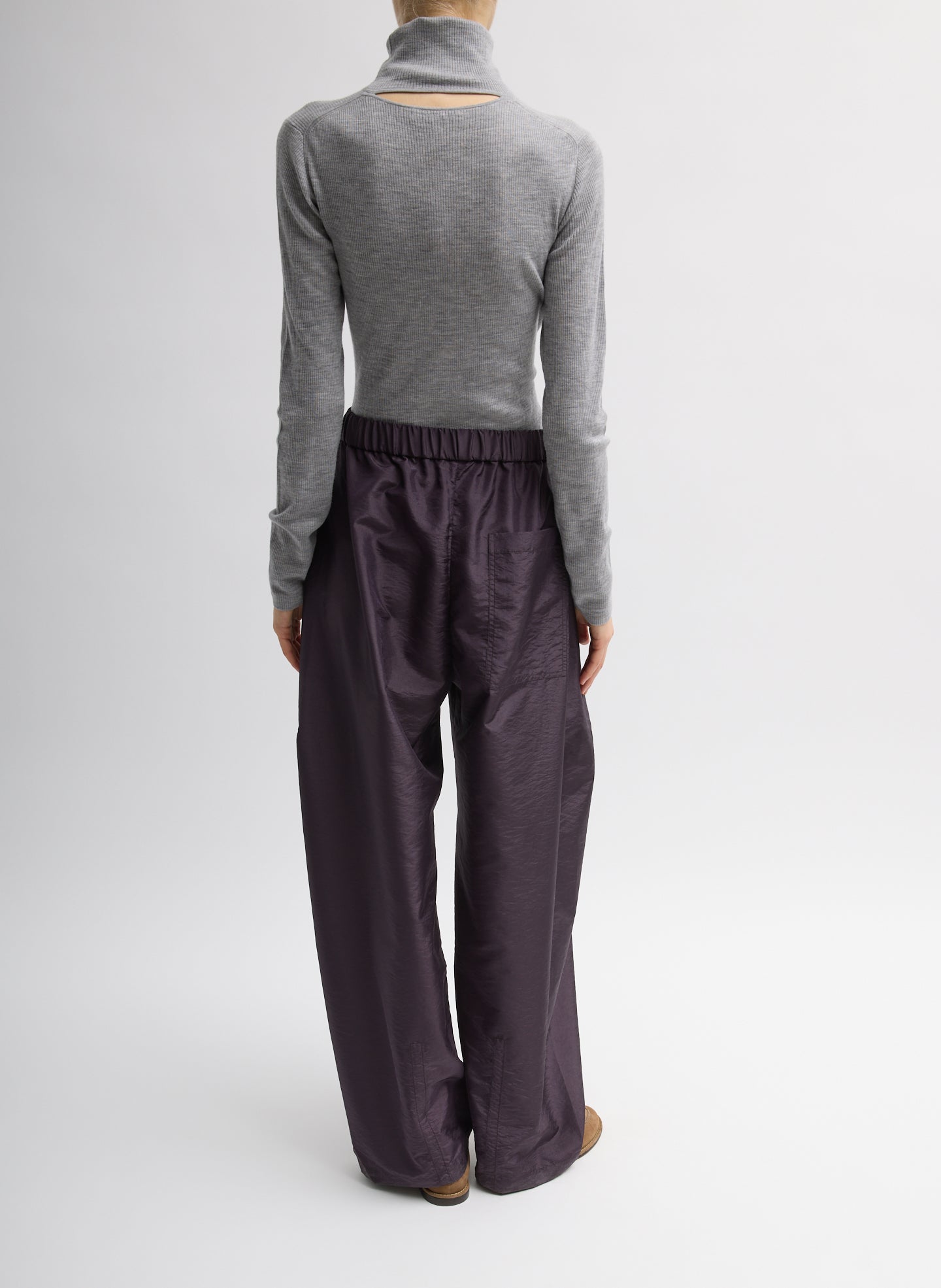 Eggplant Crispy Nylon Winslow Pant - barrel leg, back view on model