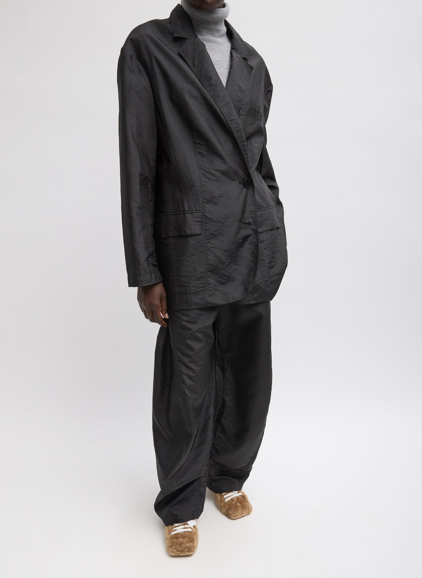 Black Crispy Nylon Winslow Pant - full look, front view on model