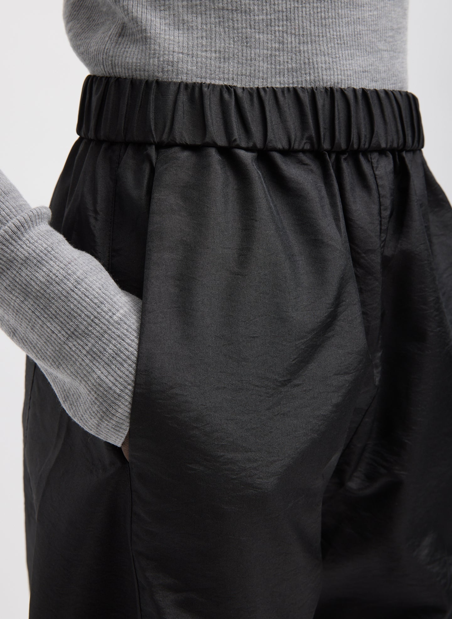Black Crispy Nylon Winslow Pant - closeup of waistband and side pocket detail