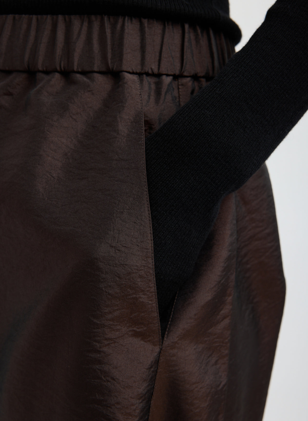 Dark Brown Crispy Nylon Winslow Pant - closeup of side pocket detail