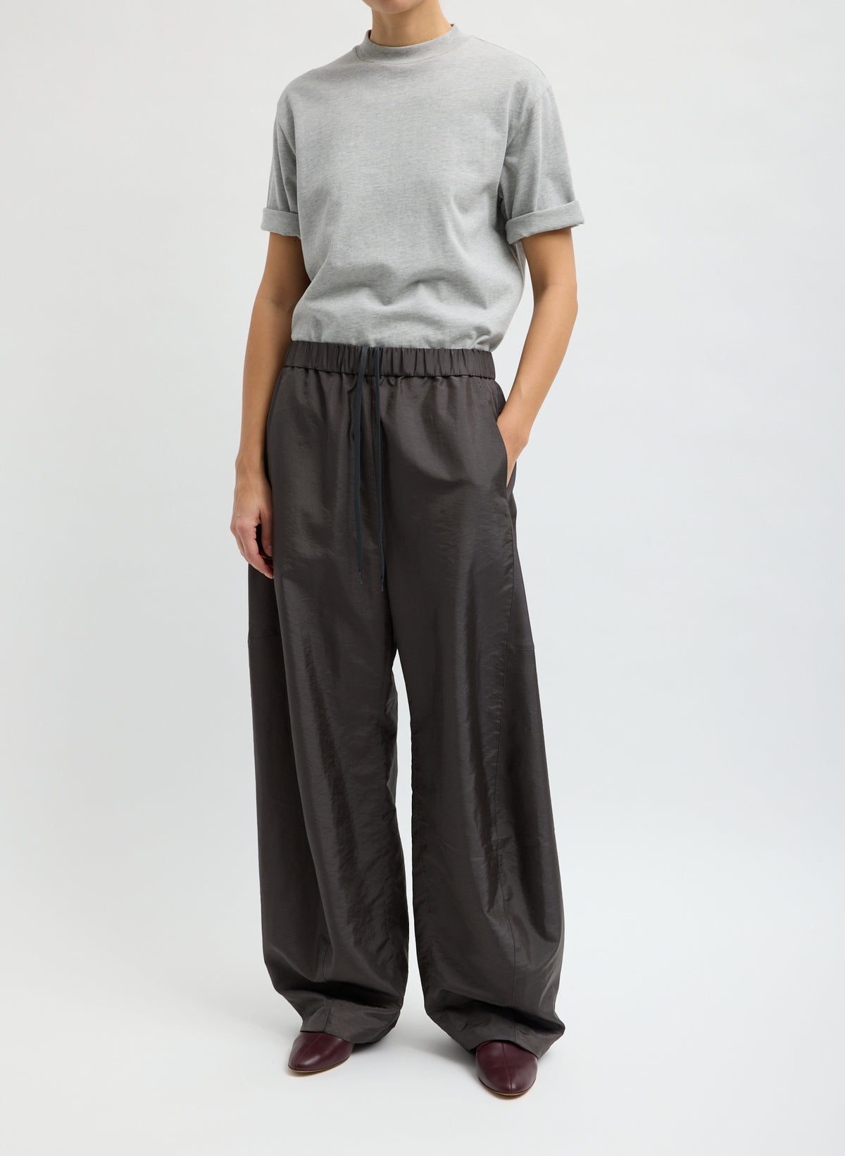 Crispy Nylon Winslow Pant - Steel Grey Crispy Nylon Winslow Pant - barrel leg pull on pant, front view on model
