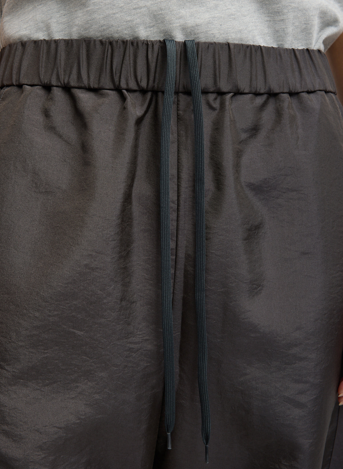 Steel Grey Crispy Nylon Winslow Pant - closeup of drawstring detail