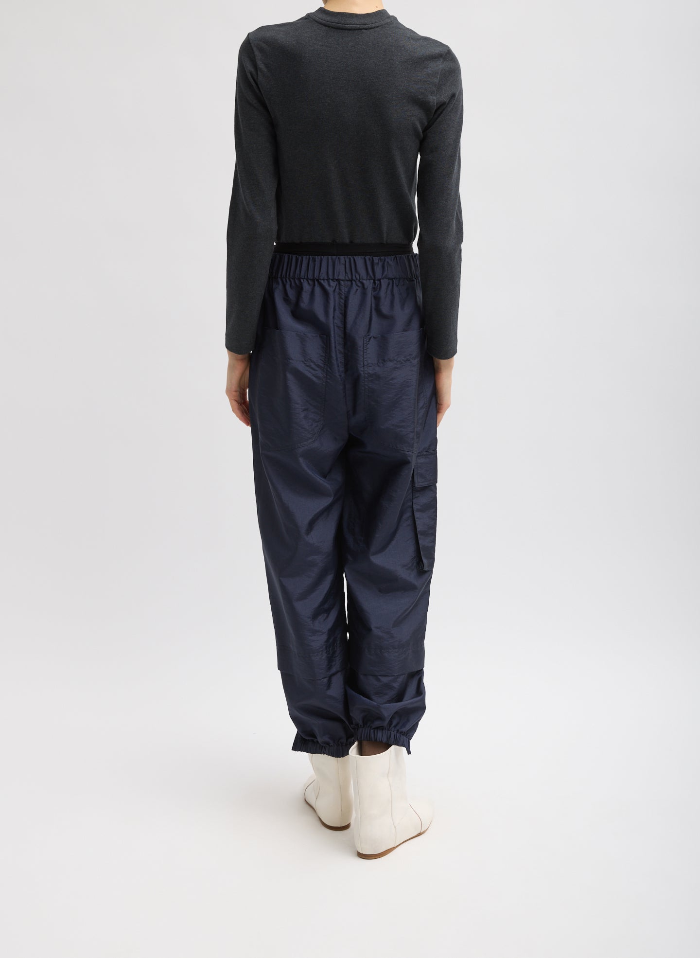 Navy Crispy Nylon Wilt Pull On Jogger - full look, back view on model