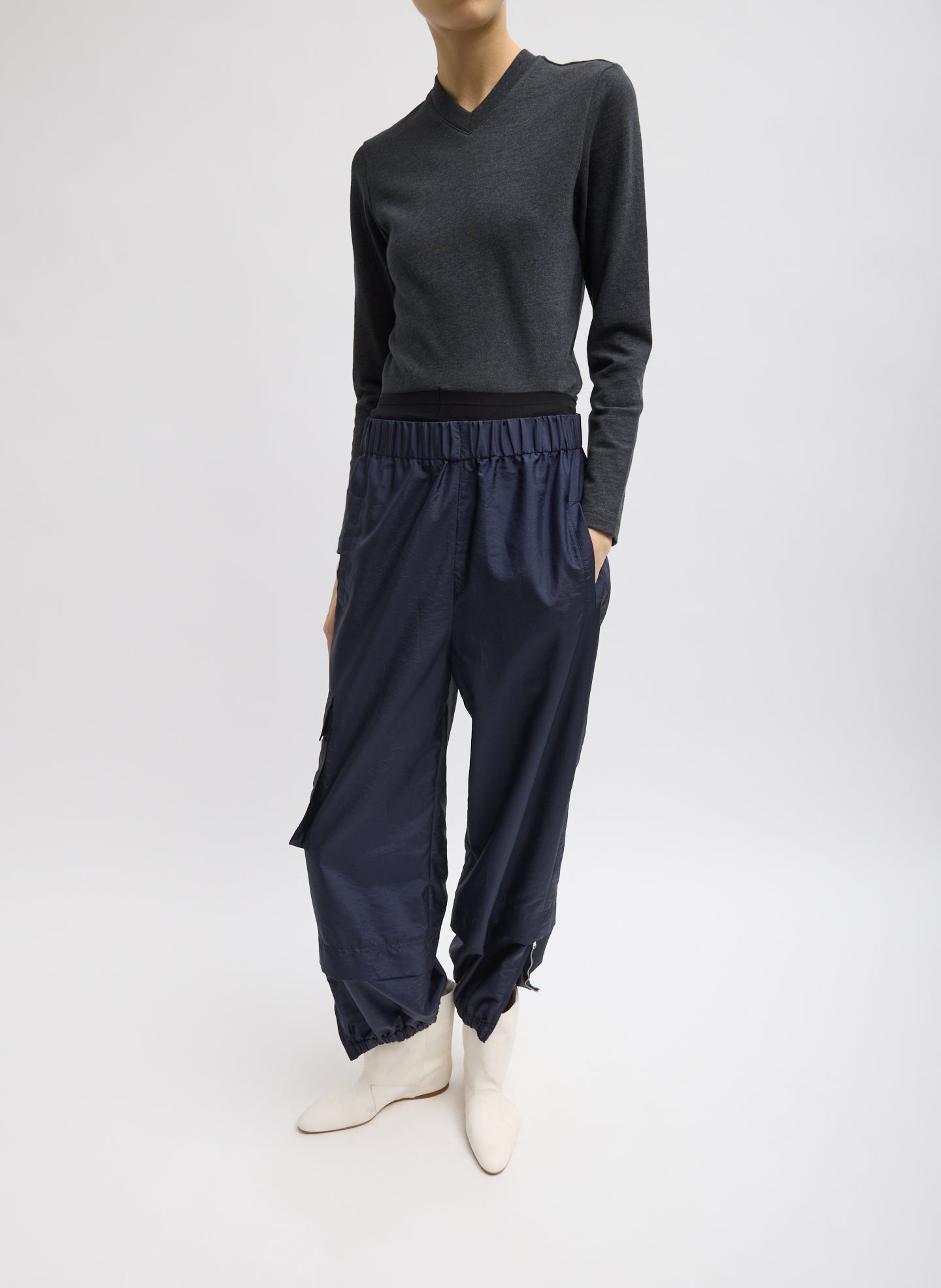 Navy Crispy Nylon Wilt Pull On Jogger - full look, front view on model