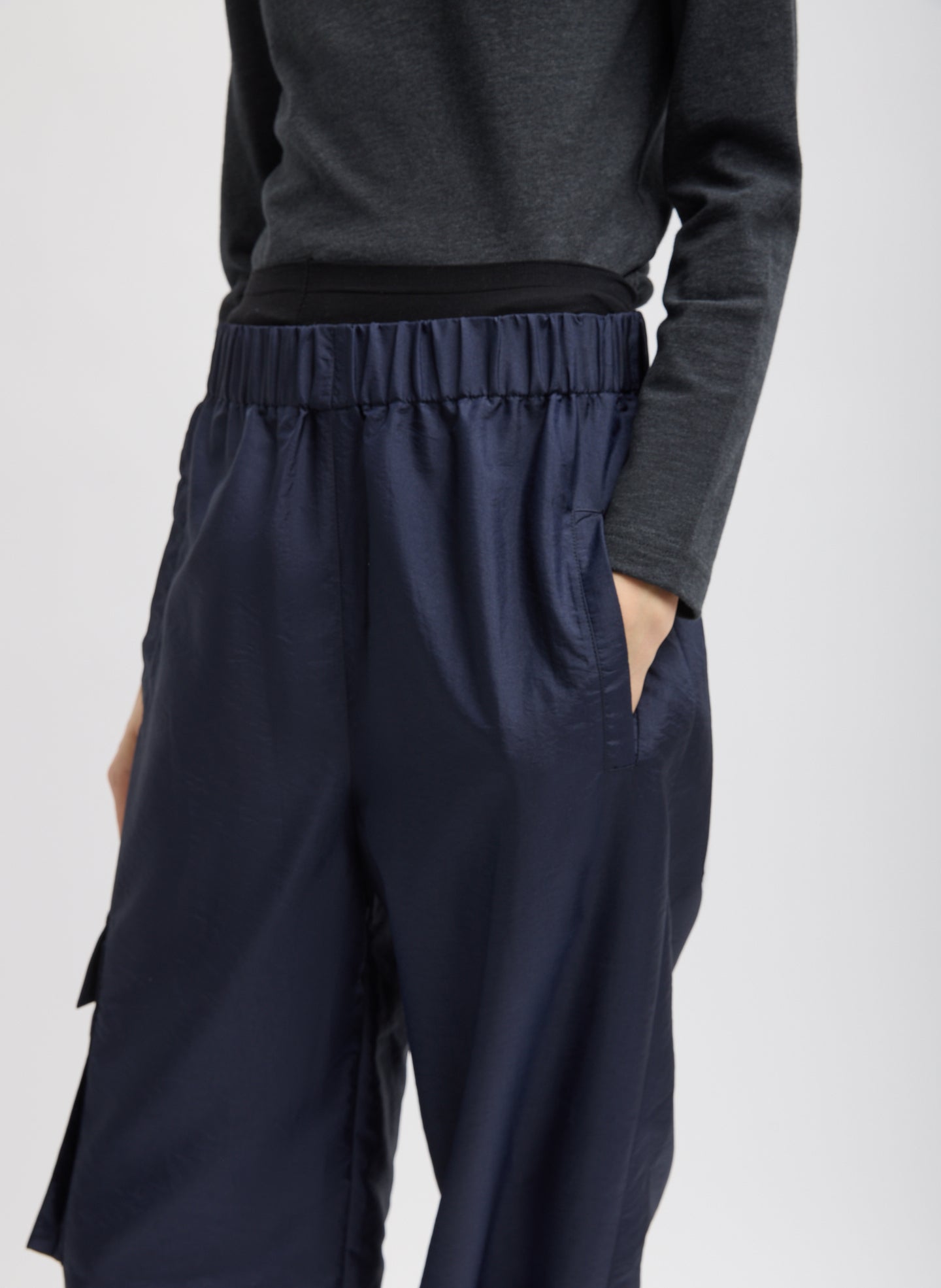 Navy Crispy Nylon Wilt Pull On Jogger - closeup of waistband and side pocket details