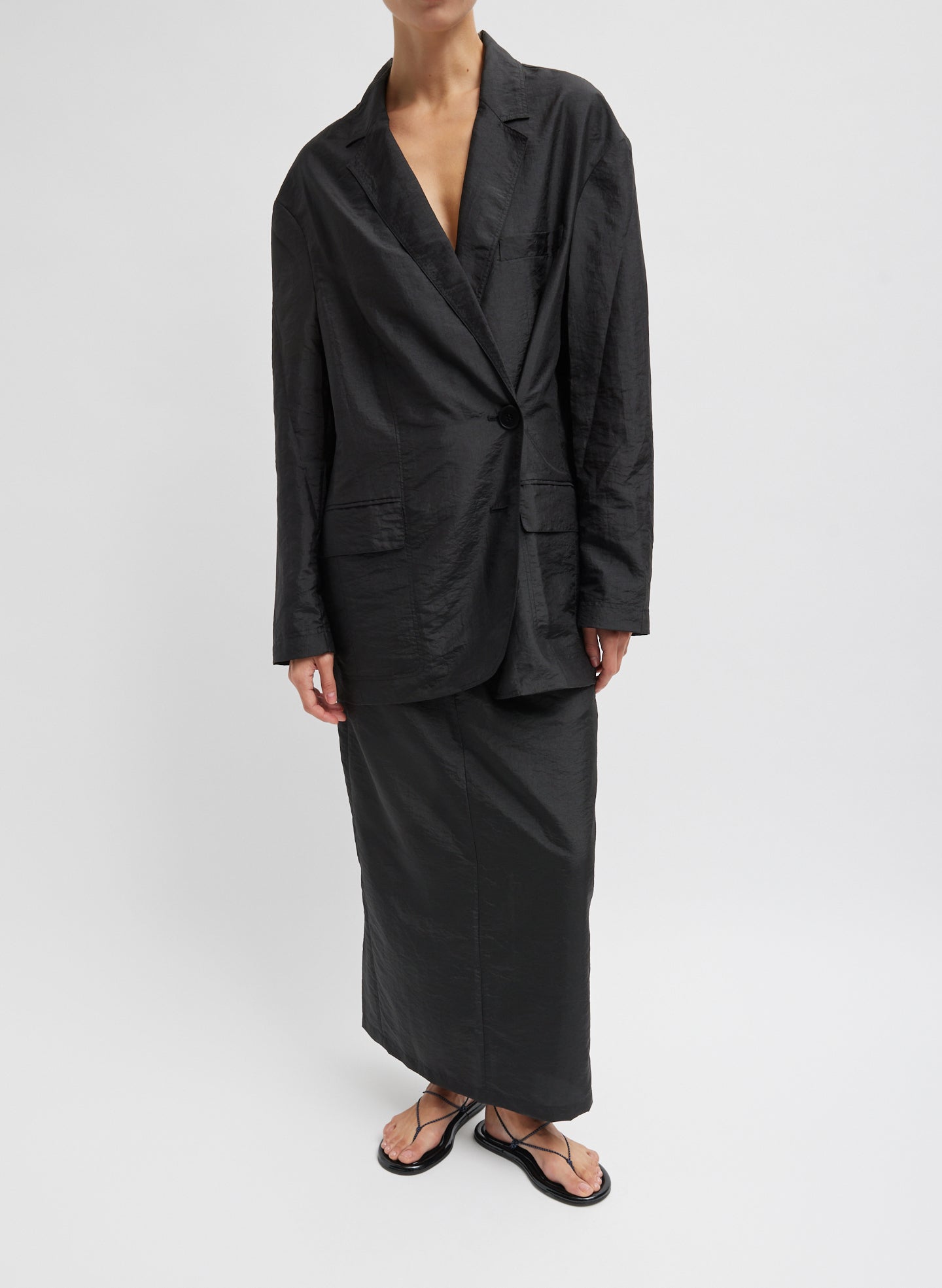 Black Crispy Nylon Maxi Skirt - full look, front view on model