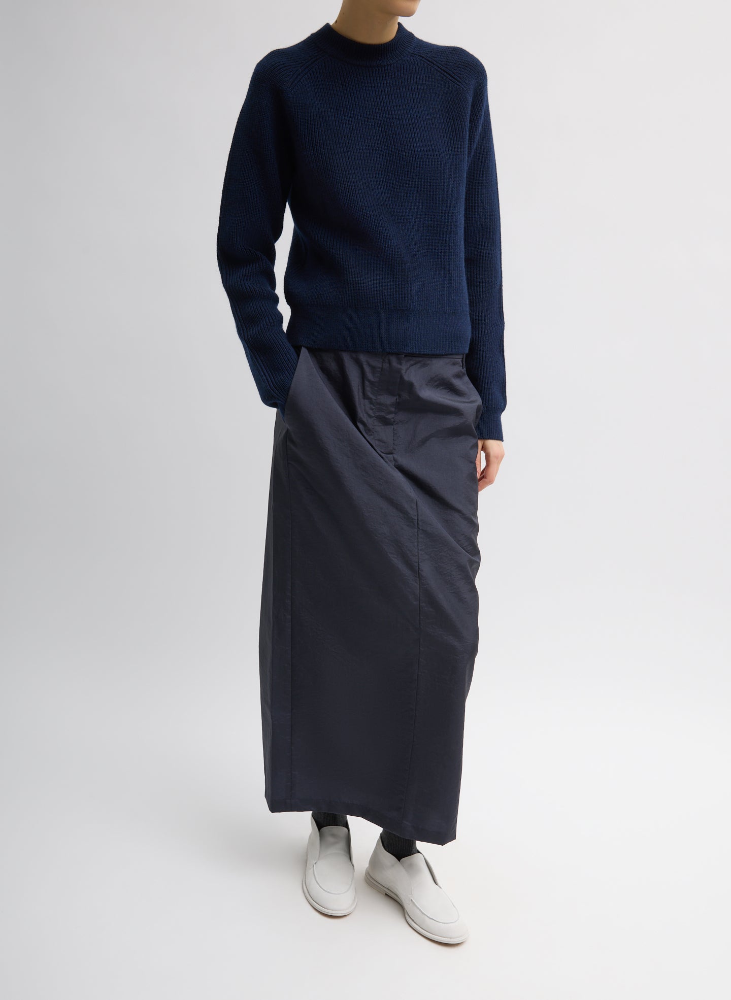 Navy Crispy Nylon Maxi Skirt - trouser skirt, front view on model