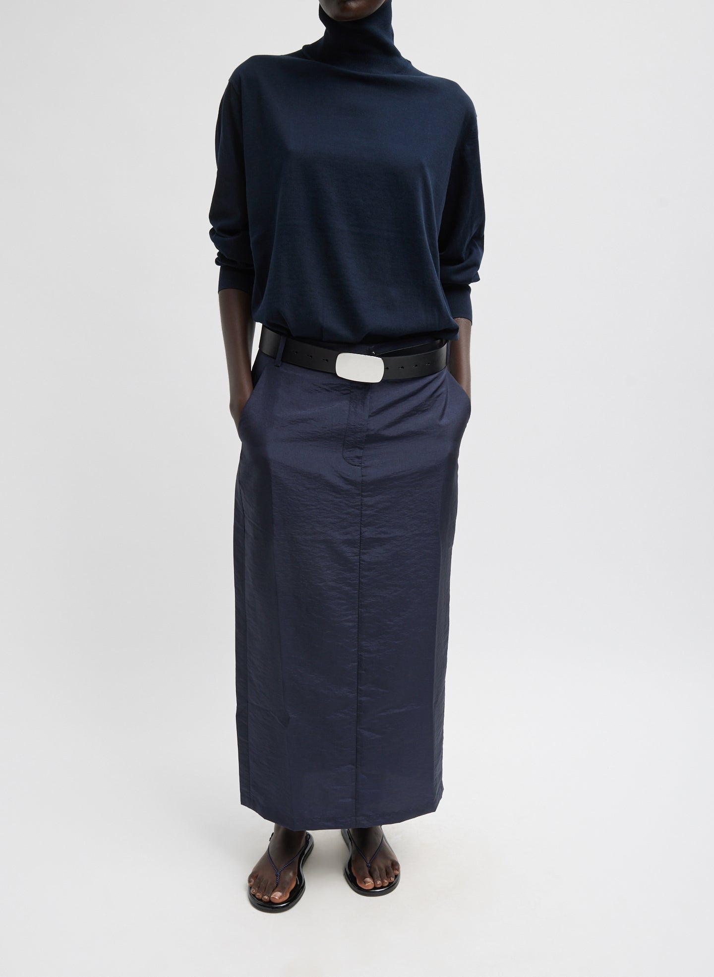 Navy Crispy Nylon Maxi Skirt - full look, front view on model