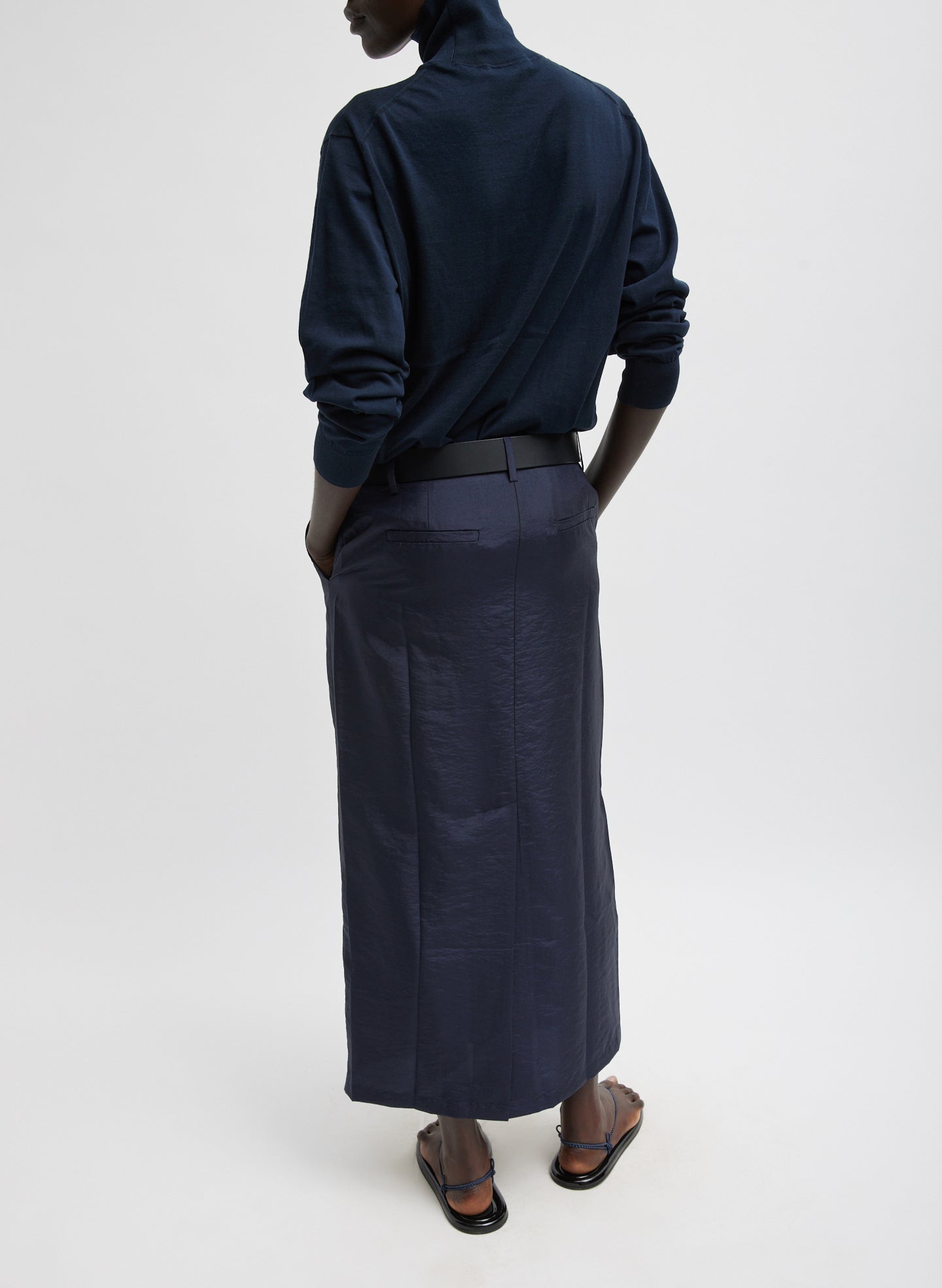 Navy Crispy Nylon Maxi Skirt - full look, back view on model