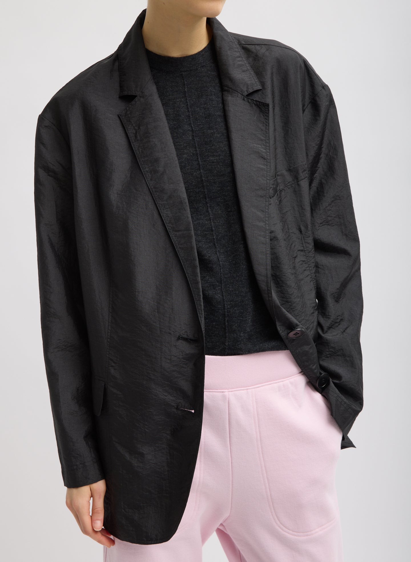 Black Crispy Nylon Liam Blazer - oversized, front view on model