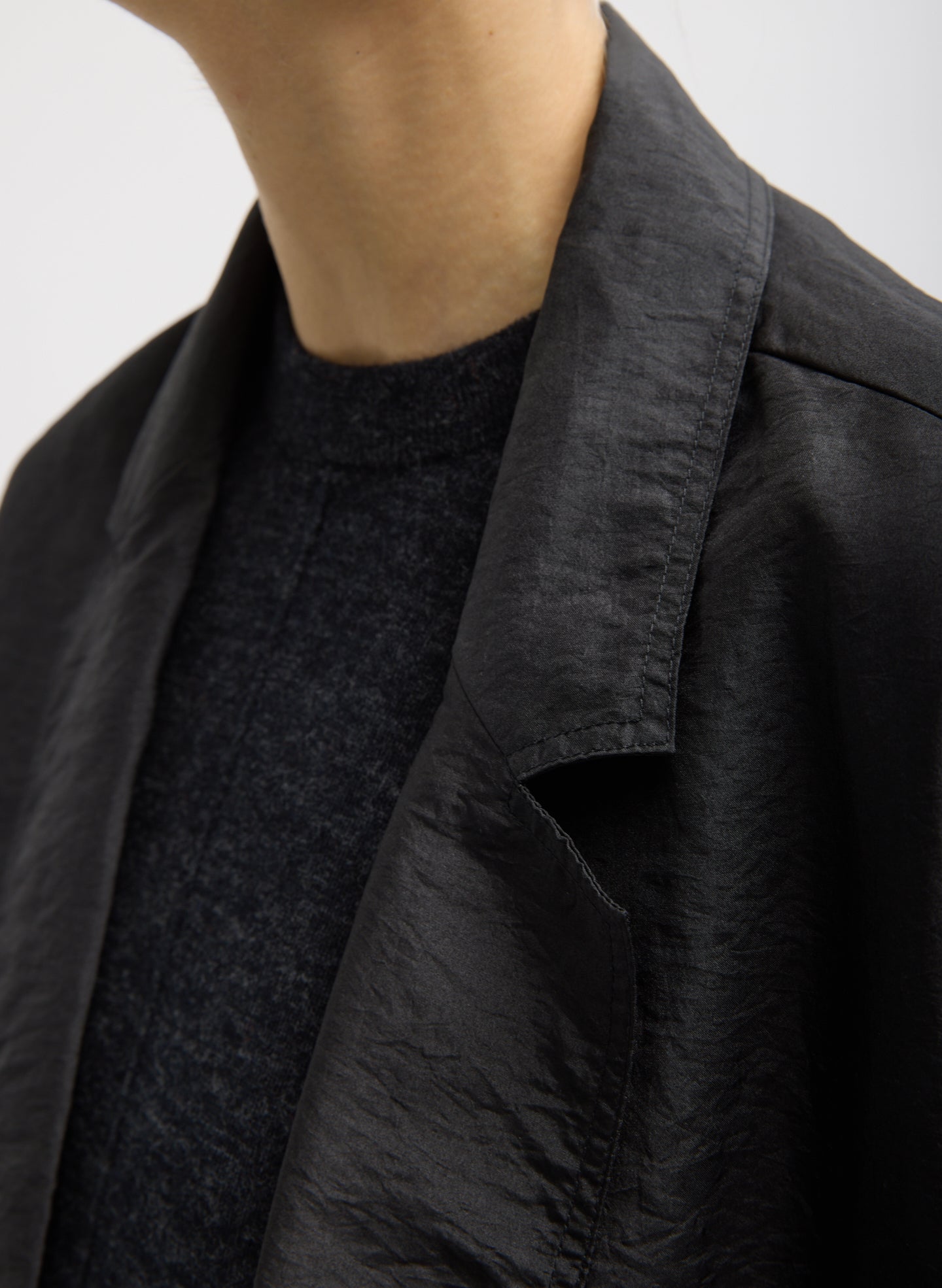 Black Crispy Nylon Liam Blazer - closeup of lapel
