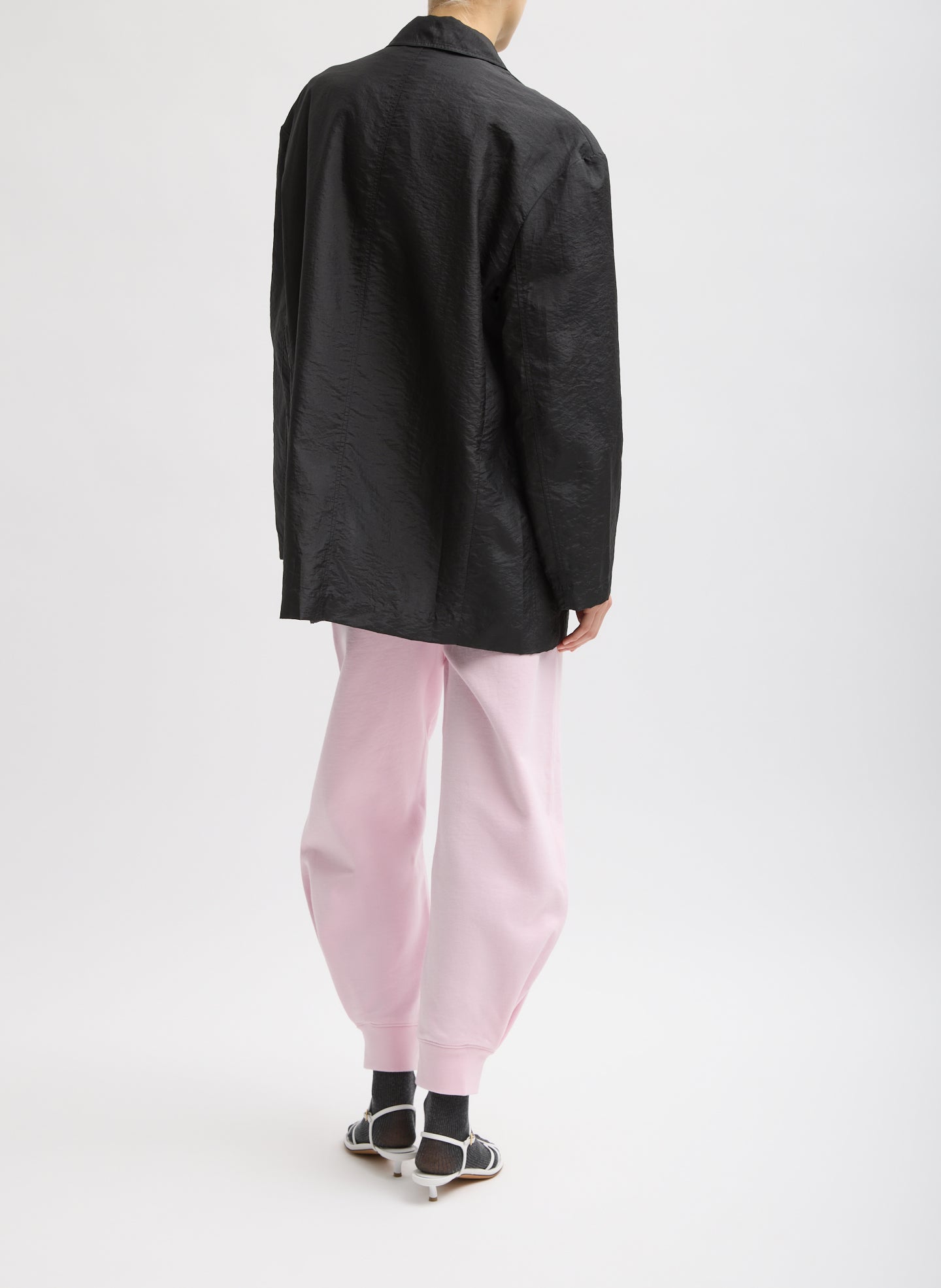 Black Crispy Nylon Liam Blazer - oversized, back view on model