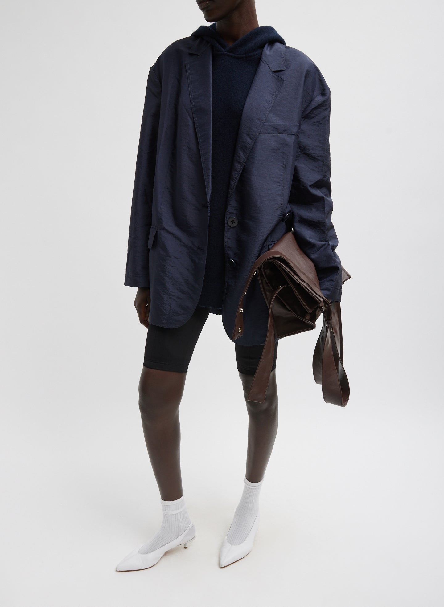 Navy Crispy Nylon Liam Blazer - full look, front view on model